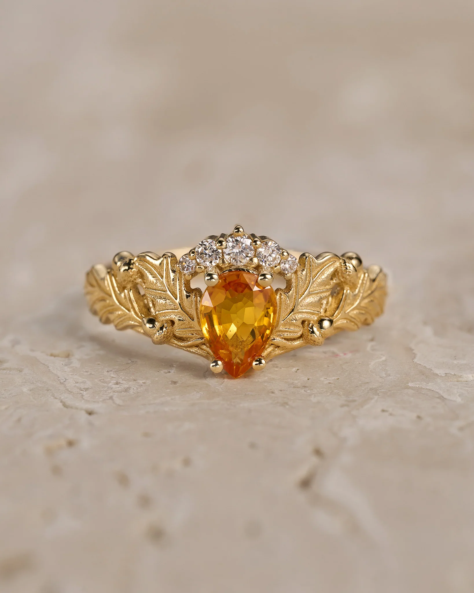 READY TO SHIP Royal oak ring in 14K yellow gold, natural sapphire pear cut 7x5 mm, lab diamonds, AVAILABLE RING SIZES: 5.5 - 8.5 US