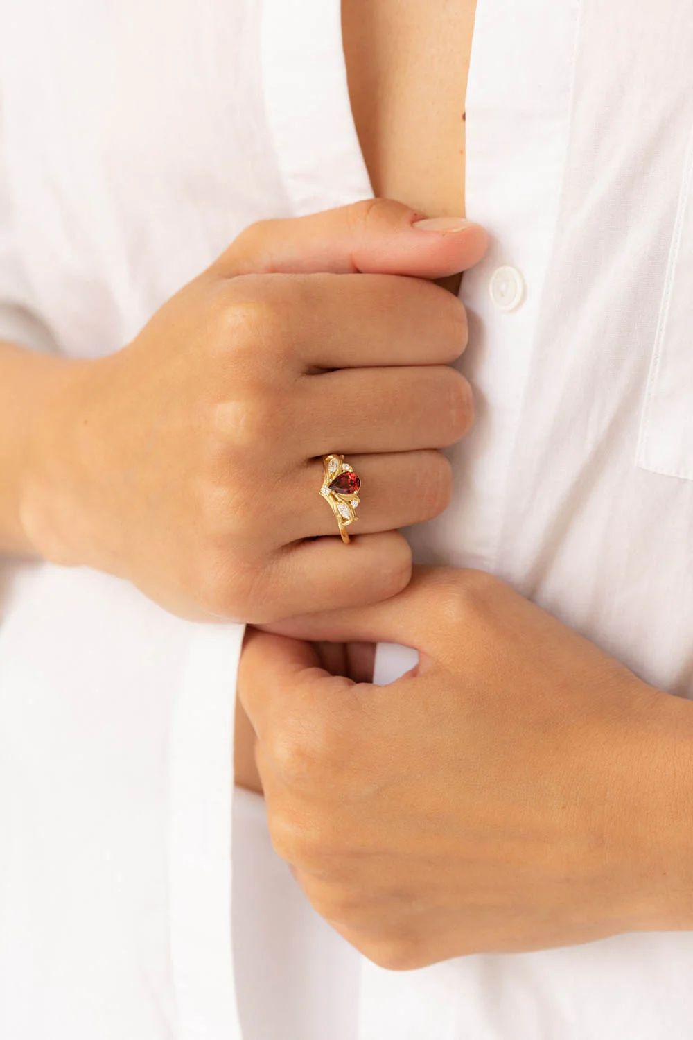 READY TO SHIP Swanlake ring in 18K yellow gold, natural garnet pear 7x5 mm, natural diamonds, AVAILABLE RING SIZES: 8 - 11 US - Image 7