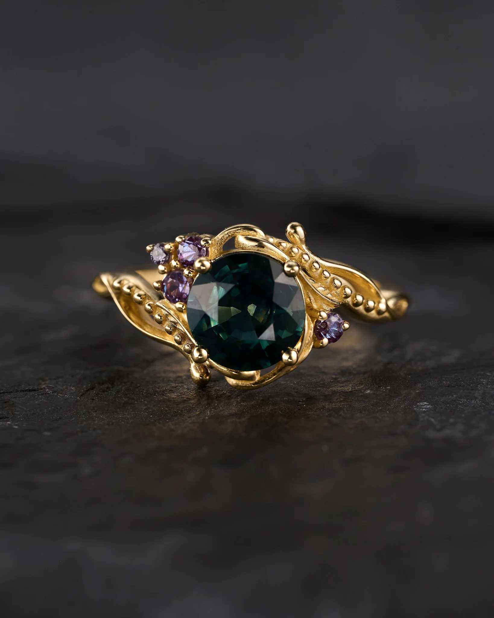 READY TO SHIP: Undina asymmetric engagement ring with natural teal sapphire and alexandrites, 14K yellow gold, RING SIZES: 5.5 - 8.5 US