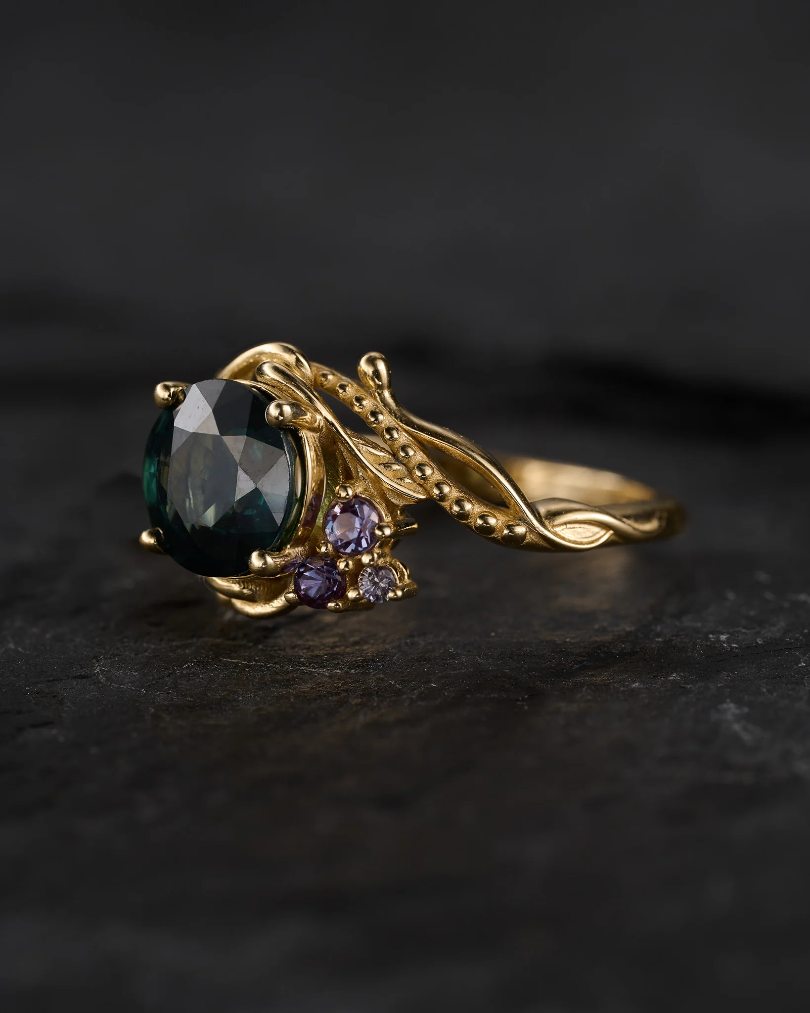 READY TO SHIP: Undina asymmetric engagement ring with natural teal sapphire and alexandrites, 14K yellow gold, RING SIZES: 5.5 - 8.5 US - Image 2