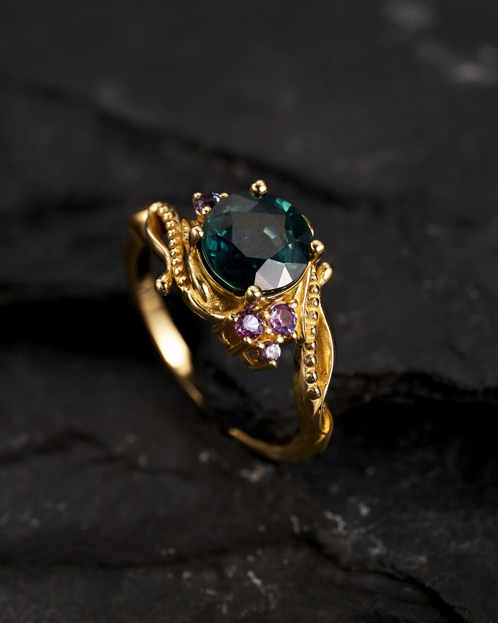 READY TO SHIP: Undina asymmetric engagement ring with natural teal sapphire and alexandrites, 14K yellow gold, RING SIZES: 5.5 - 8.5 US - Image 3
