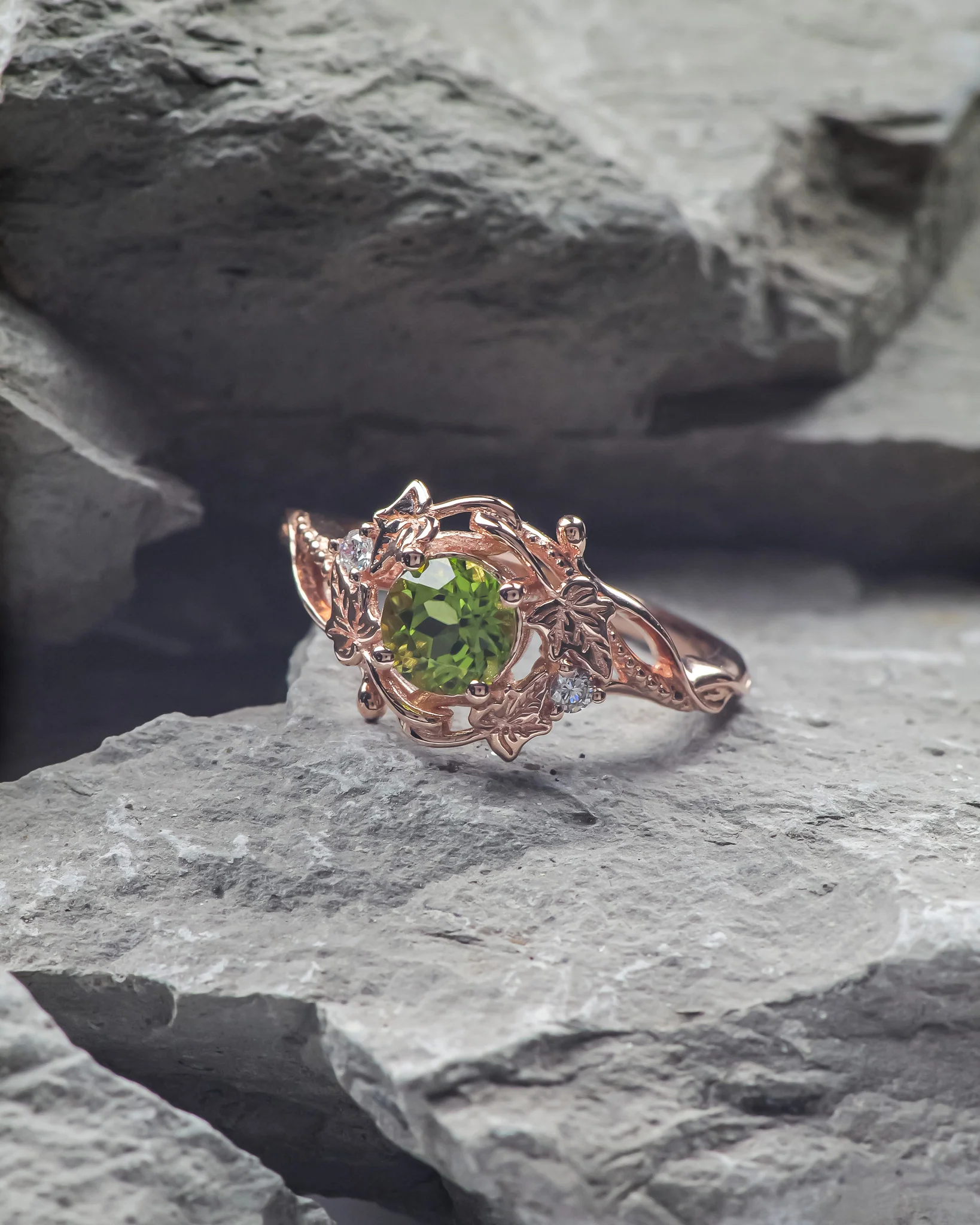 READY TO SHIP Undina engagement ring in 14K rose gold, round peridot & accent lab diamonds, RING SIZES: 5.5 - 8.5 US