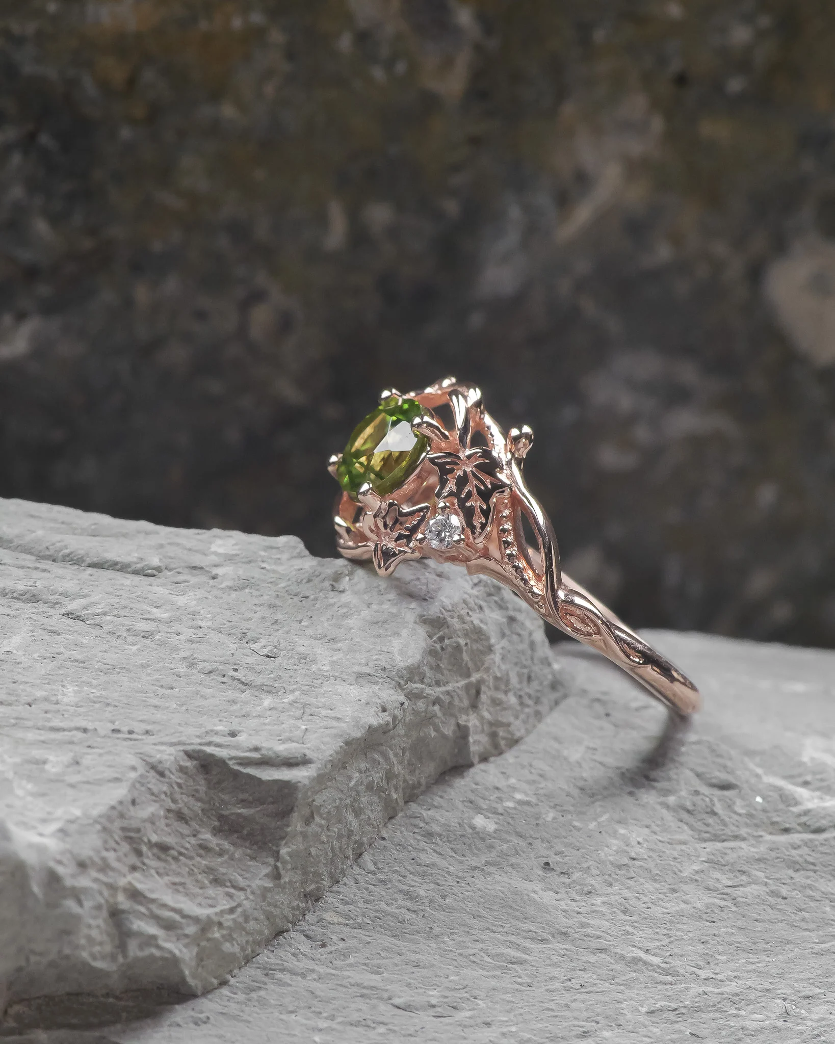 READY TO SHIP Undina engagement ring in 14K rose gold, round peridot & accent lab diamonds, RING SIZES: 5.5 - 8.5 US - Image 2