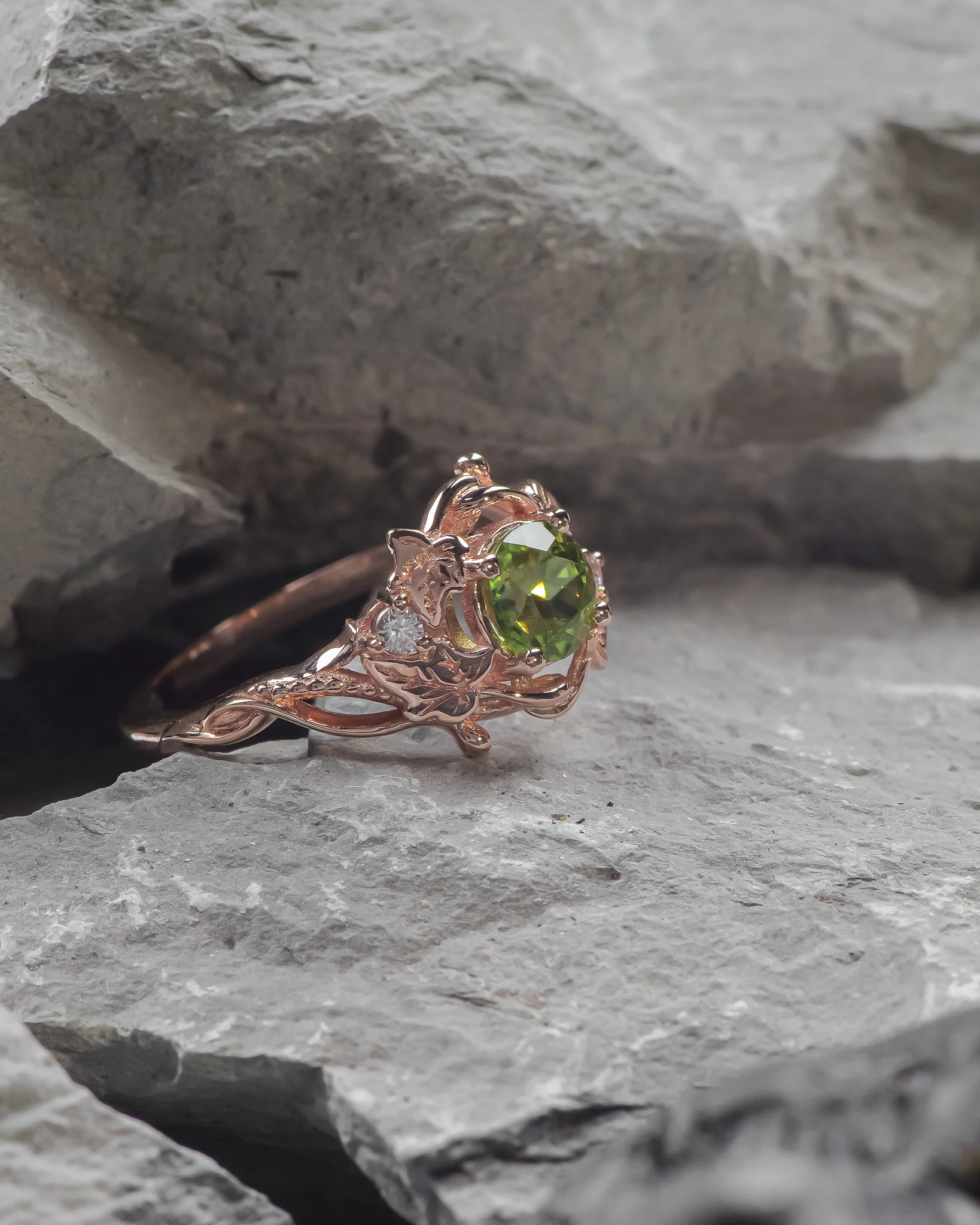 READY TO SHIP Undina engagement ring in 14K rose gold, round peridot & accent lab diamonds, RING SIZES: 5.5 - 8.5 US - Image 3