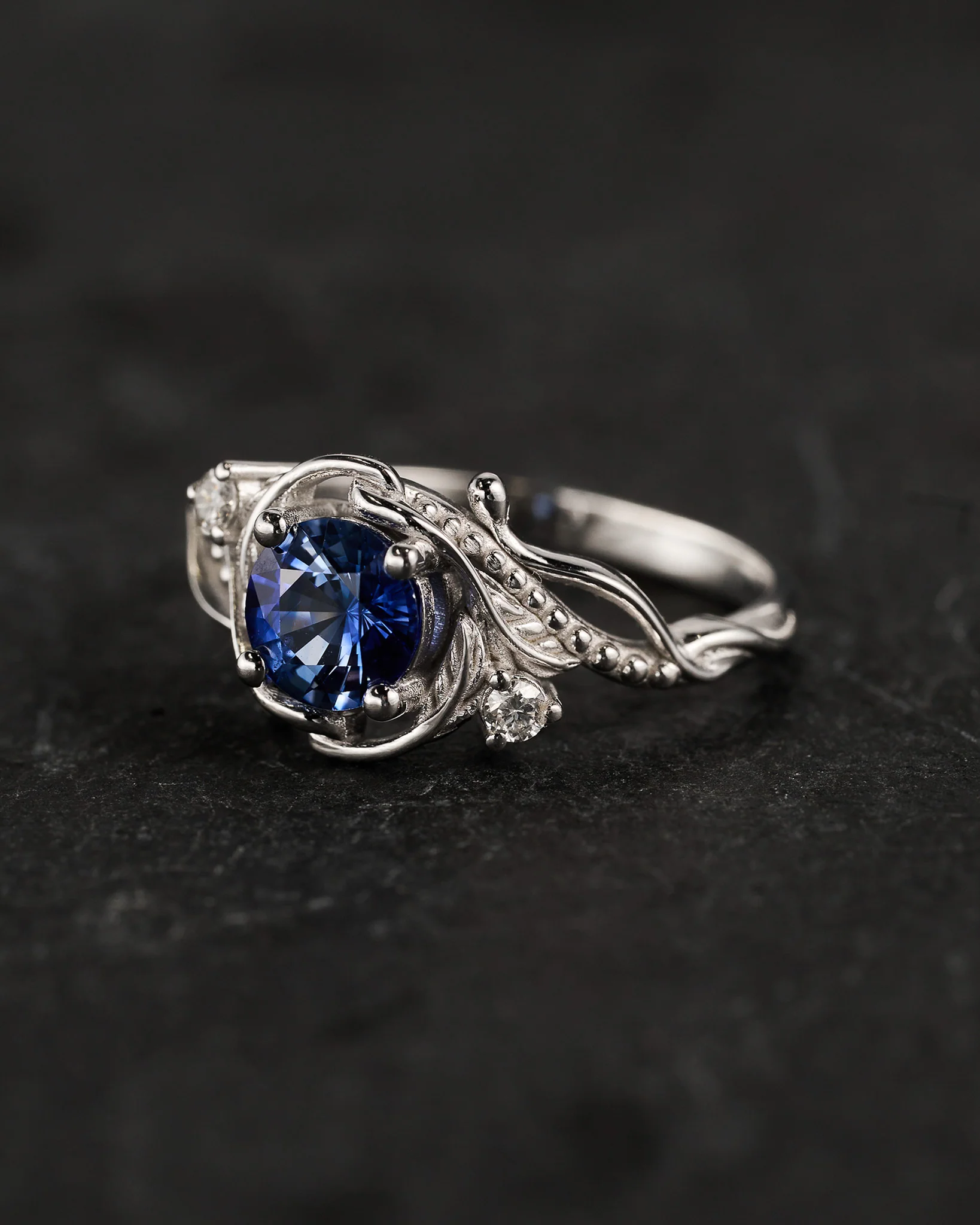 READY TO SHIP Undina engagement ring with natural blue sapphire, 6mm, accent diamonds, 14k white gold, RING SIZE 5.5 - 8.5 US - Image 2