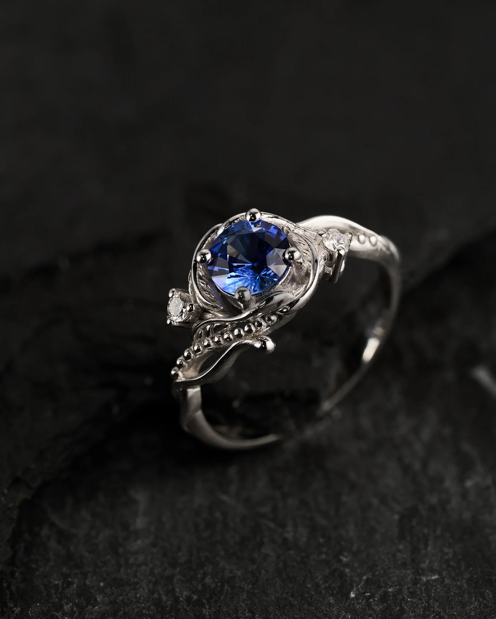 READY TO SHIP Undina engagement ring with natural blue sapphire, 6mm, accent diamonds, 14k white gold, RING SIZE 5.5 - 8.5 US - Image 3
