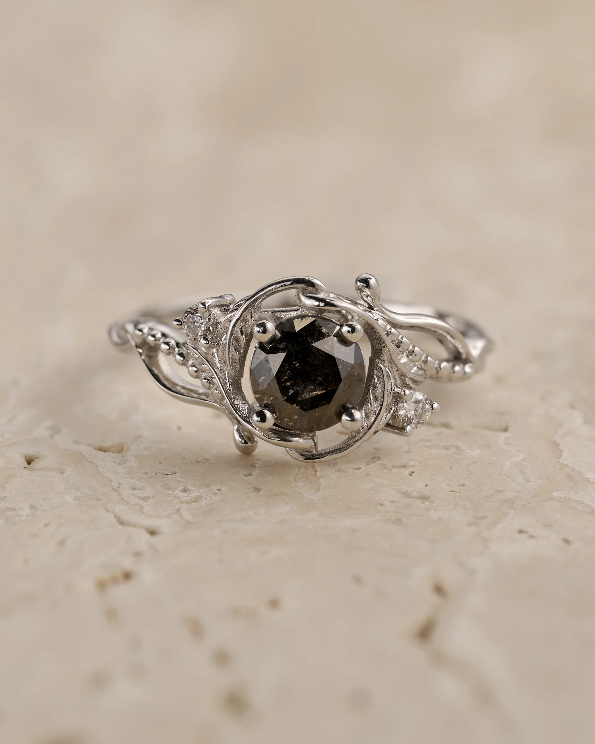 READY TO SHIP Undina engagement ring with salt & pepper diamond, 6mm, 14k white gold, RING SIZE: 5.5 - 8.5 US