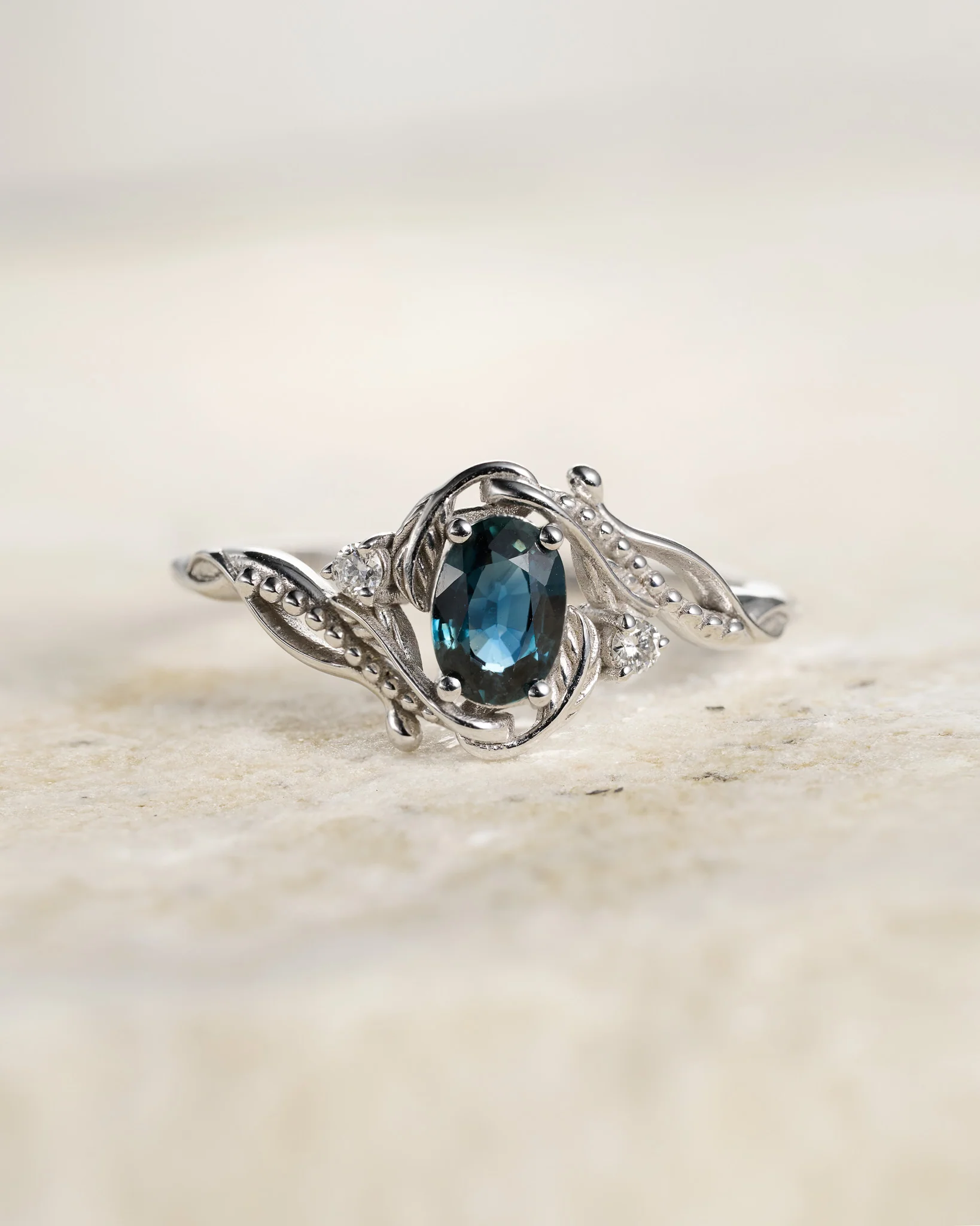 READY TO SHIP Undina ring in 14K white gold, natural teal blue sapphire, oval cut 7x5 mm, lab diamonds, AVAILABLE RING SIZES: 8 - 10 US