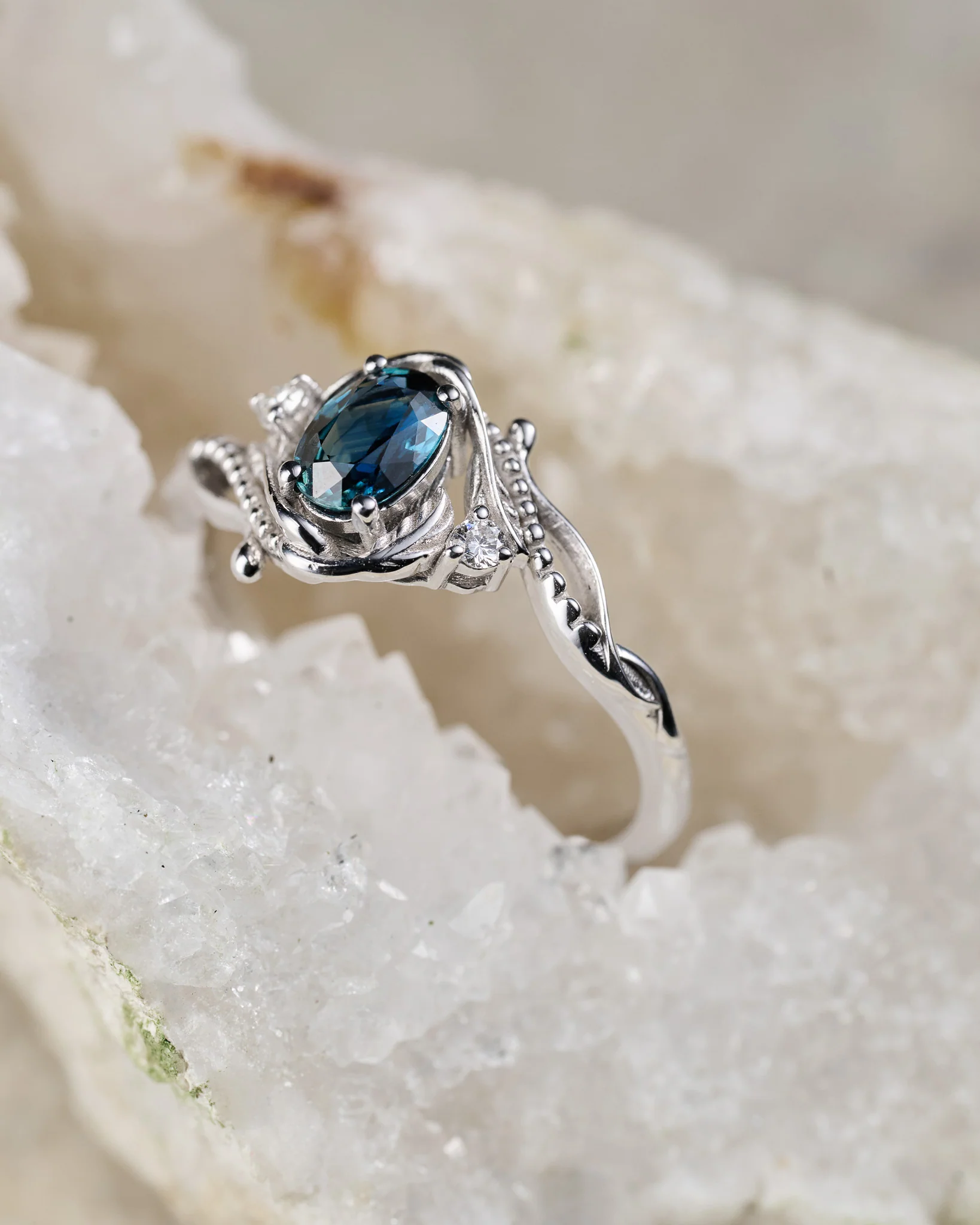 READY TO SHIP Undina ring in 14K white gold, natural teal blue sapphire, oval cut 7x5 mm, lab diamonds, AVAILABLE RING SIZES: 8 - 10 US - Image 2