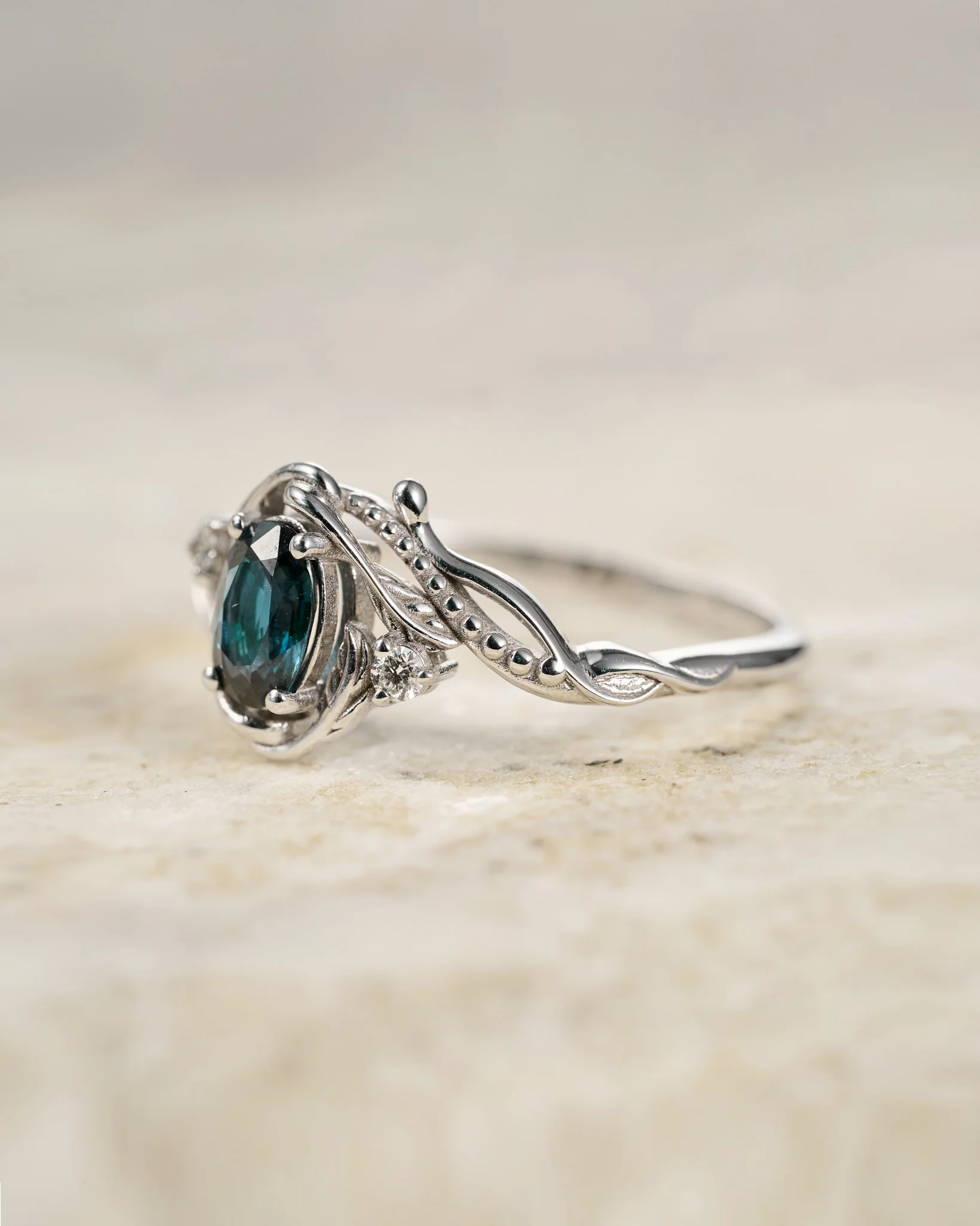 READY TO SHIP Undina ring in 14K white gold, natural teal blue sapphire, oval cut 7x5 mm, lab diamonds, AVAILABLE RING SIZES: 8 - 10 US - Image 3