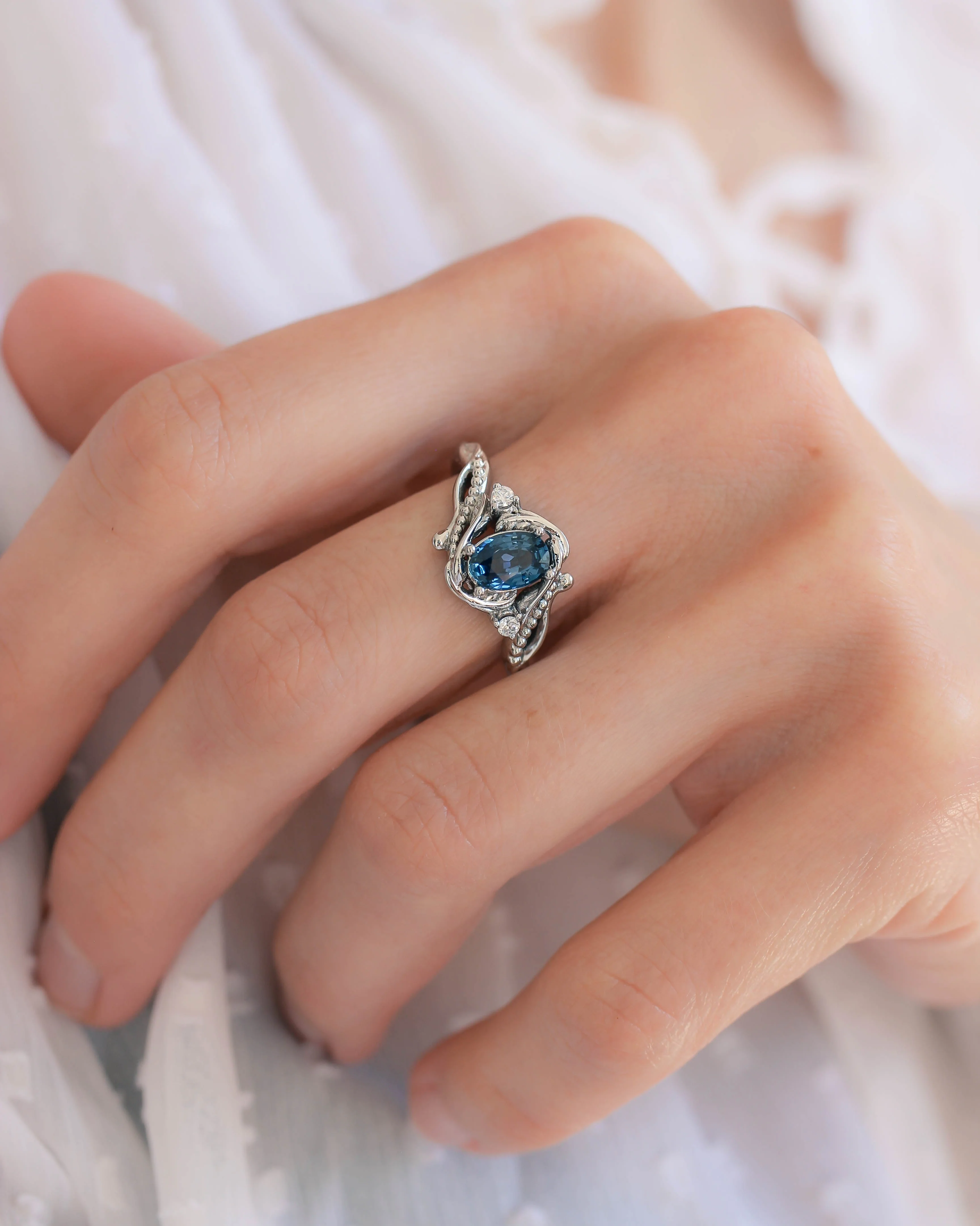 READY TO SHIP Undina ring in 14K white gold, natural teal blue sapphire, oval cut 7x5 mm, lab diamonds, AVAILABLE RING SIZES: 8 - 10 US - Image 4