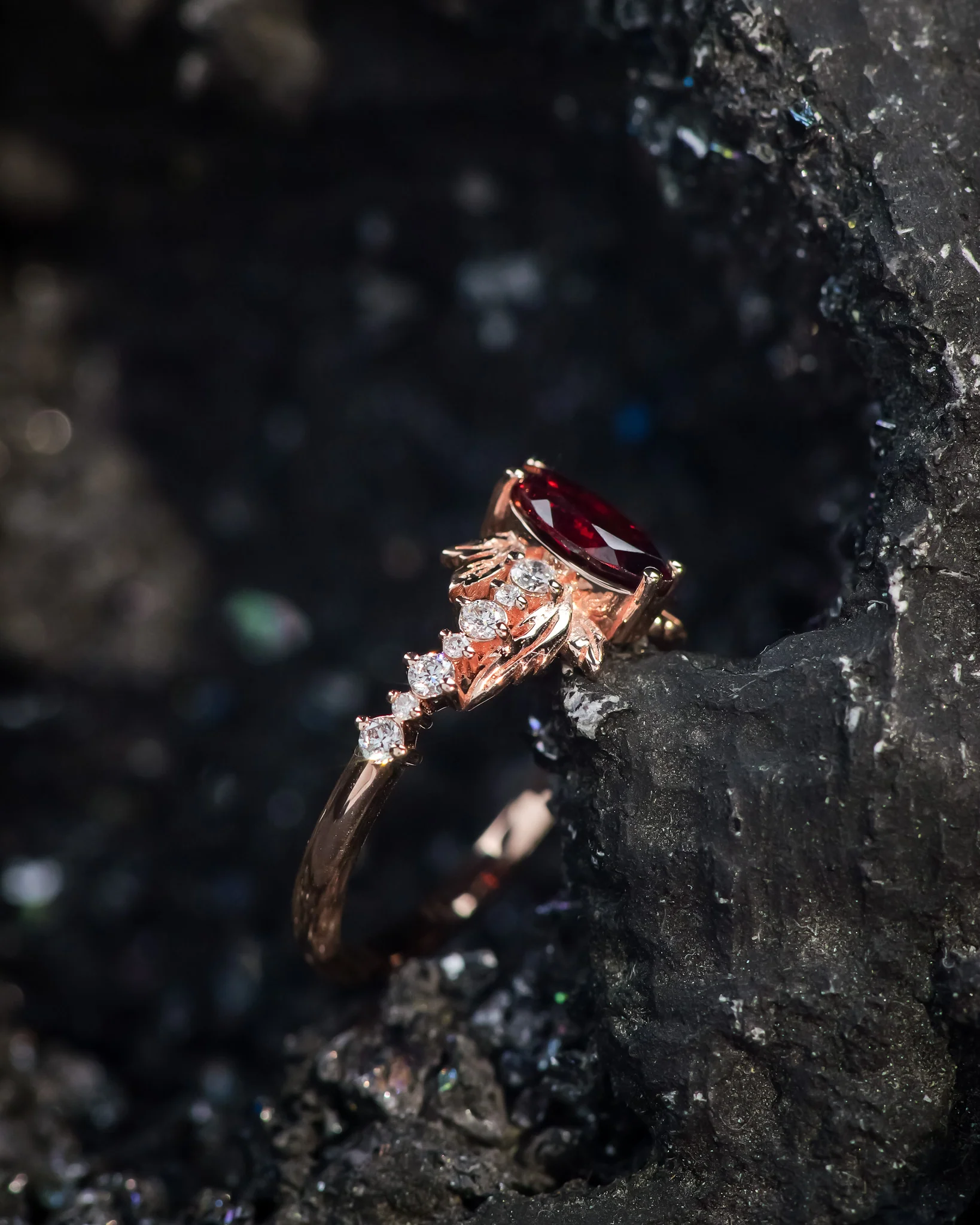READY TO SHIP Verbena ring in 14K rose gold, natural garnet marquise cut 8x4 mm, accents lab grown diamonds, RING SIZE: 5.5 - 8.5 US - Image 4