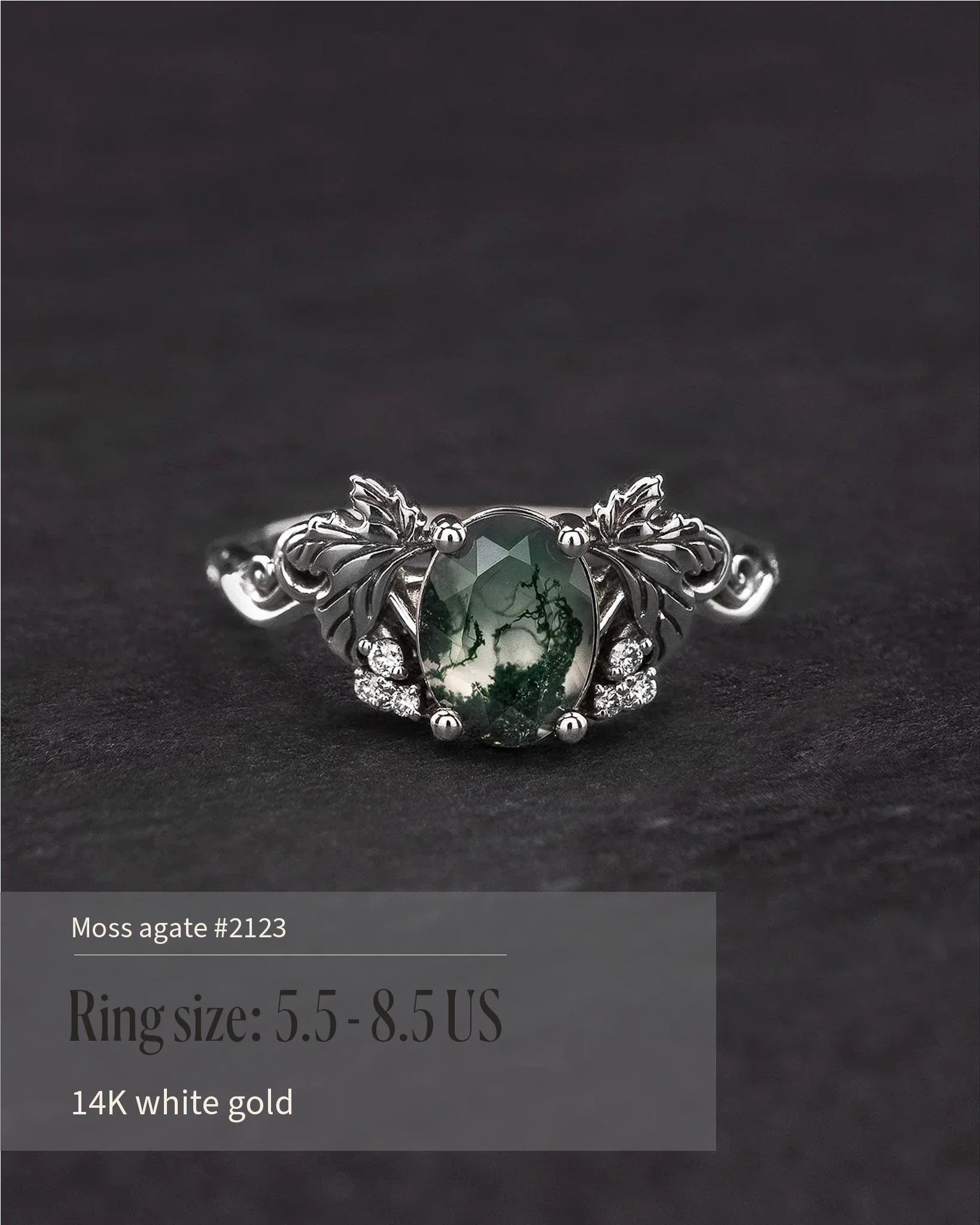 READY TO SHIP Vineyard engagement ring in 14K white gold, moss agate 8x6mm, accent lab grown diamonds, AVAILABLE RING SIZE: 5.5 - 8.5 US - Image 2