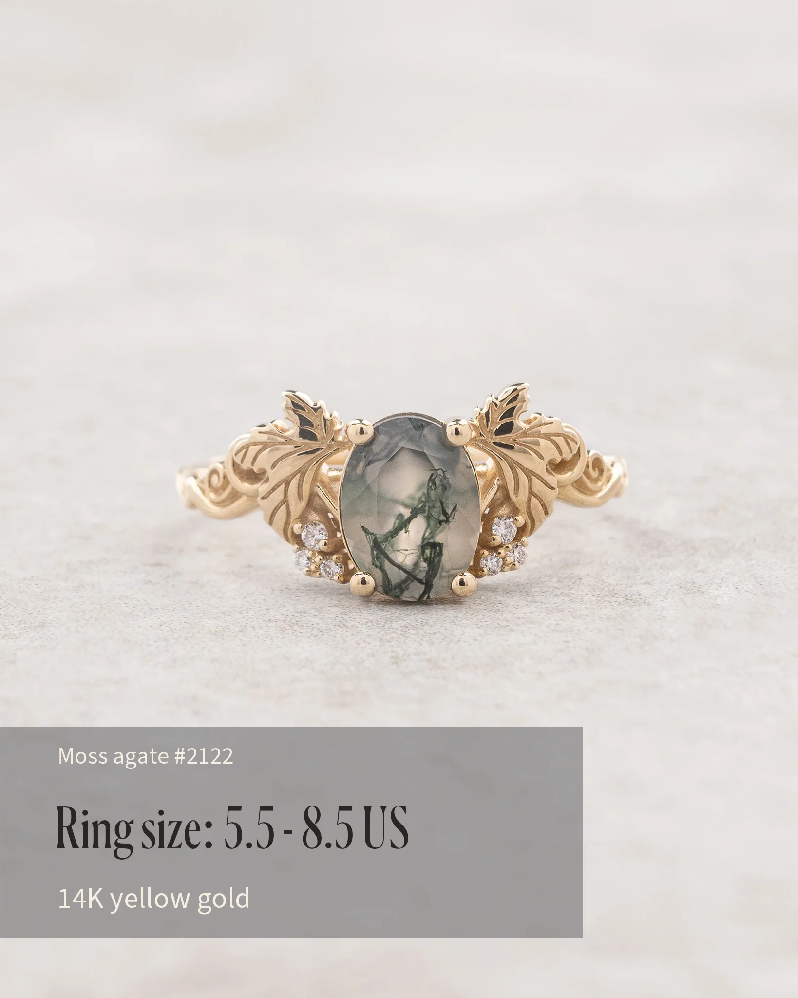 READY TO SHIP Vineyard engagement ring in 14K yellow gold, oval moss agate 8x6, accent lab grown diamonds, AVAILABLE RING SIZE: 5.5 - 8.5 US - Image 2