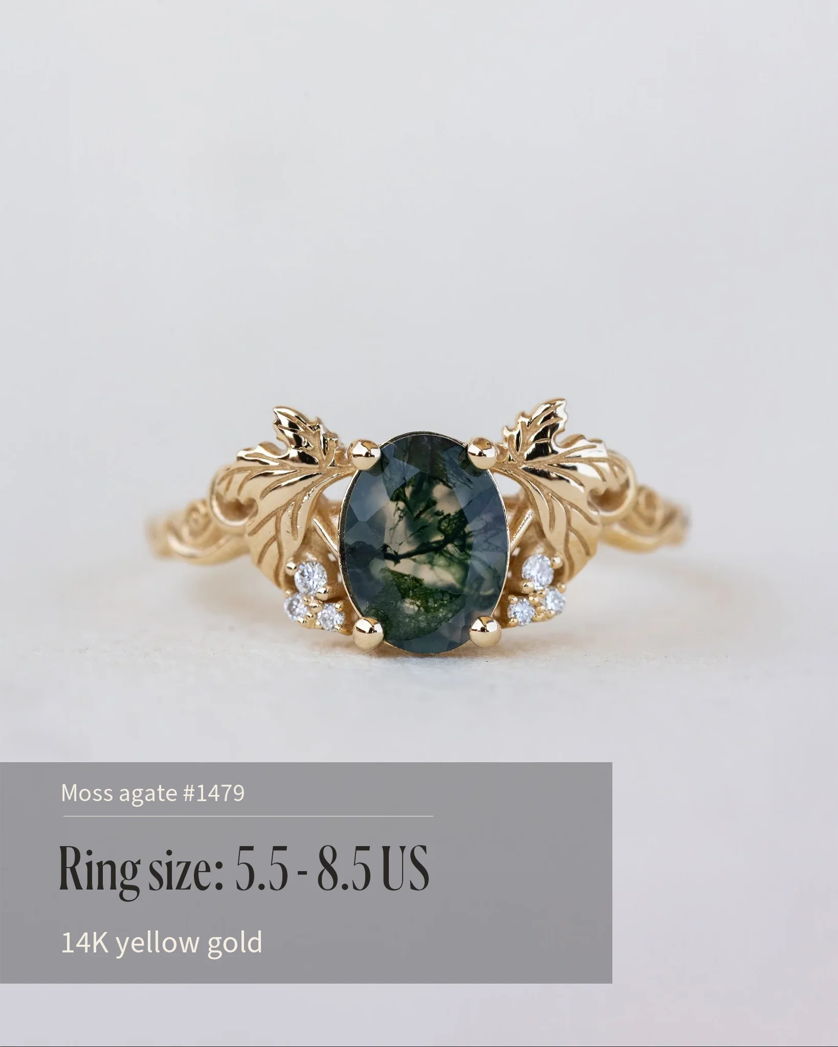 READY TO SHIP Vineyard engagement ring in 14K yellow gold, oval moss agate 8x6, accent lab grown diamonds, AVAILABLE RING SIZE: 5.5 - 8.5 US - Image 3