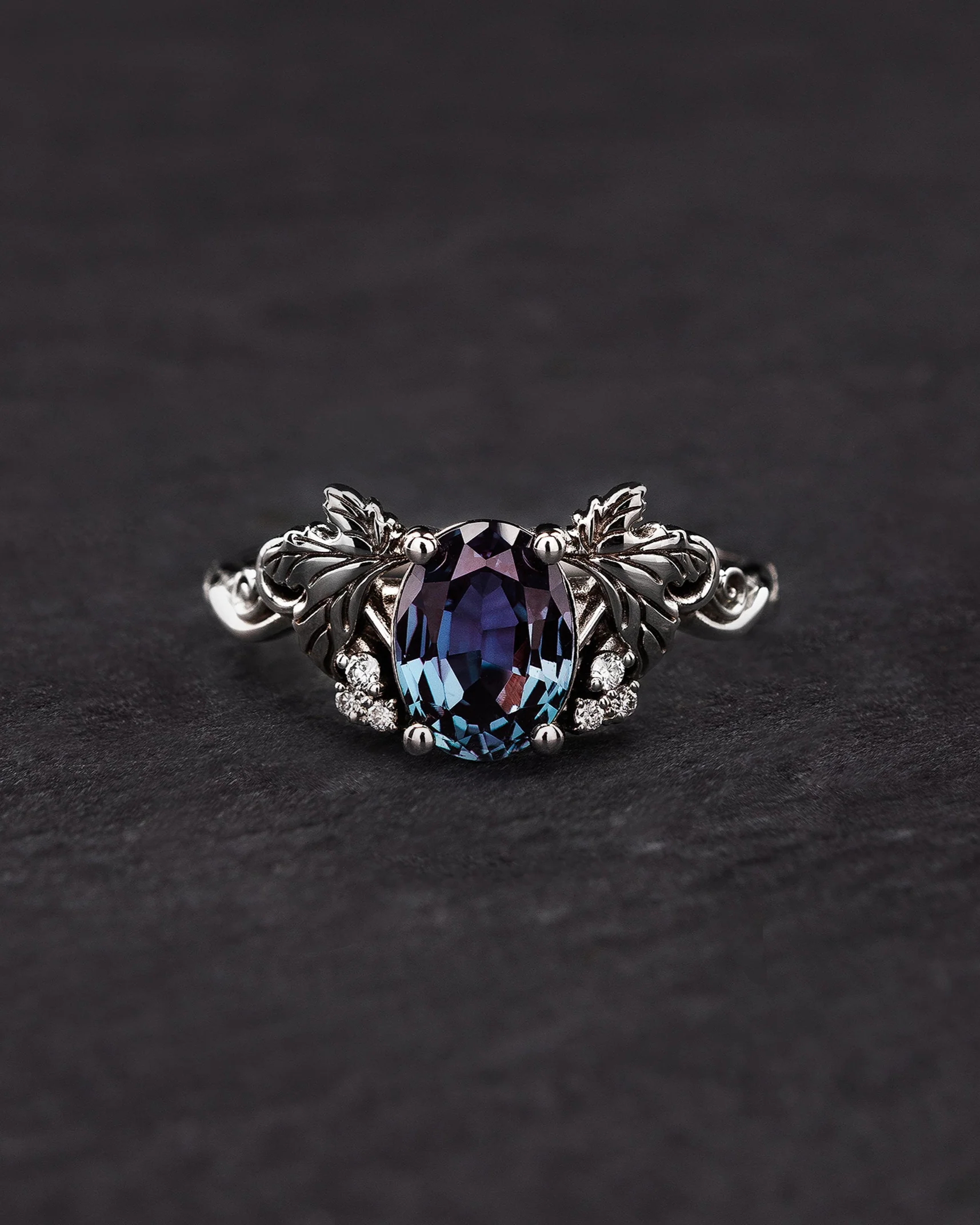 READY TO SHIP Vineyard in 14K white gold, oval cut lab alexandrite 8x6 mm, lab grown diamonds, AVAILABLE RING SIZES: 5.5 - 8.5 US