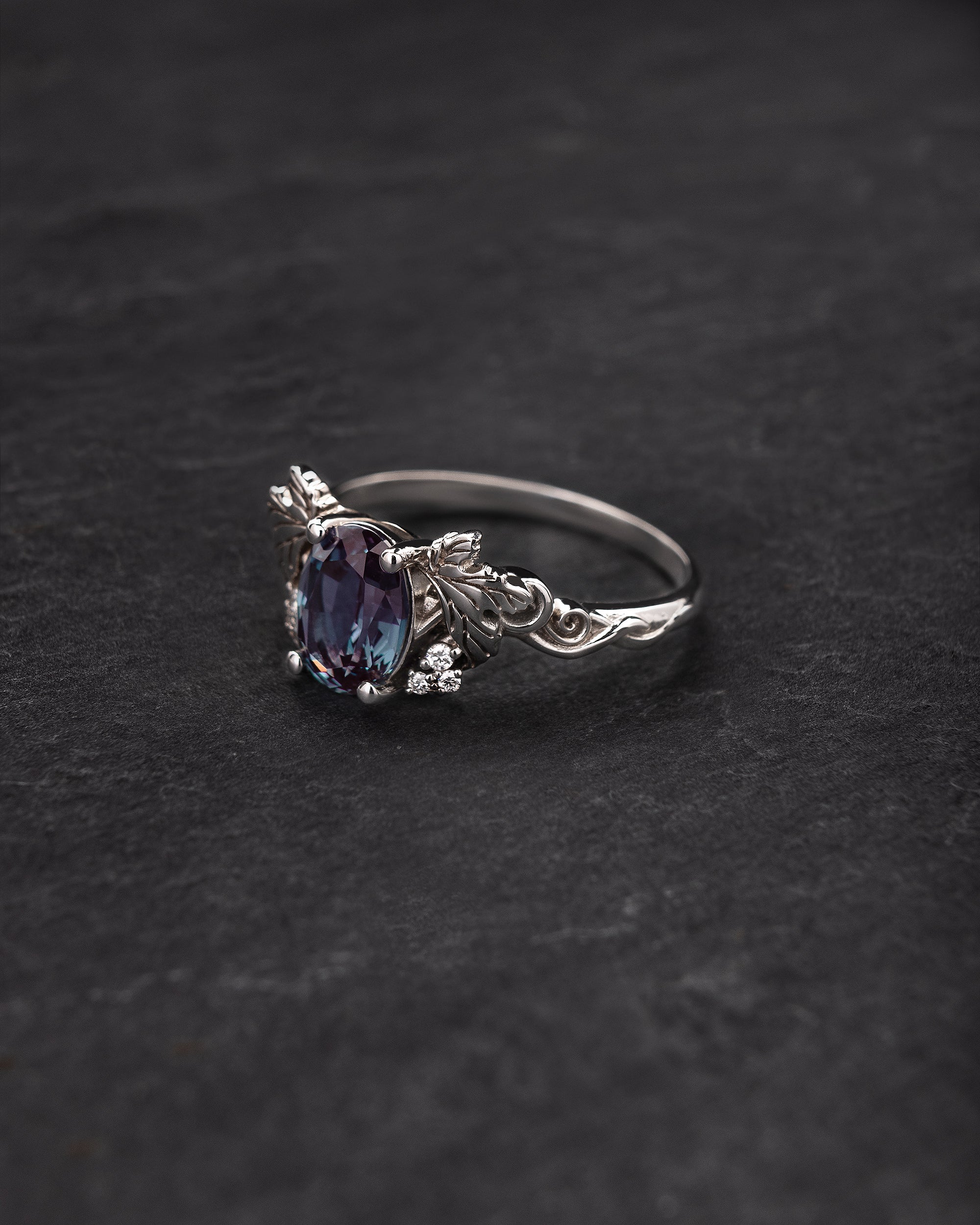 READY TO SHIP Vineyard in 14K white gold, oval cut lab alexandrite 8x6 mm, lab grown diamonds, AVAILABLE RING SIZES: 5.5 - 8.5 US - Image 5