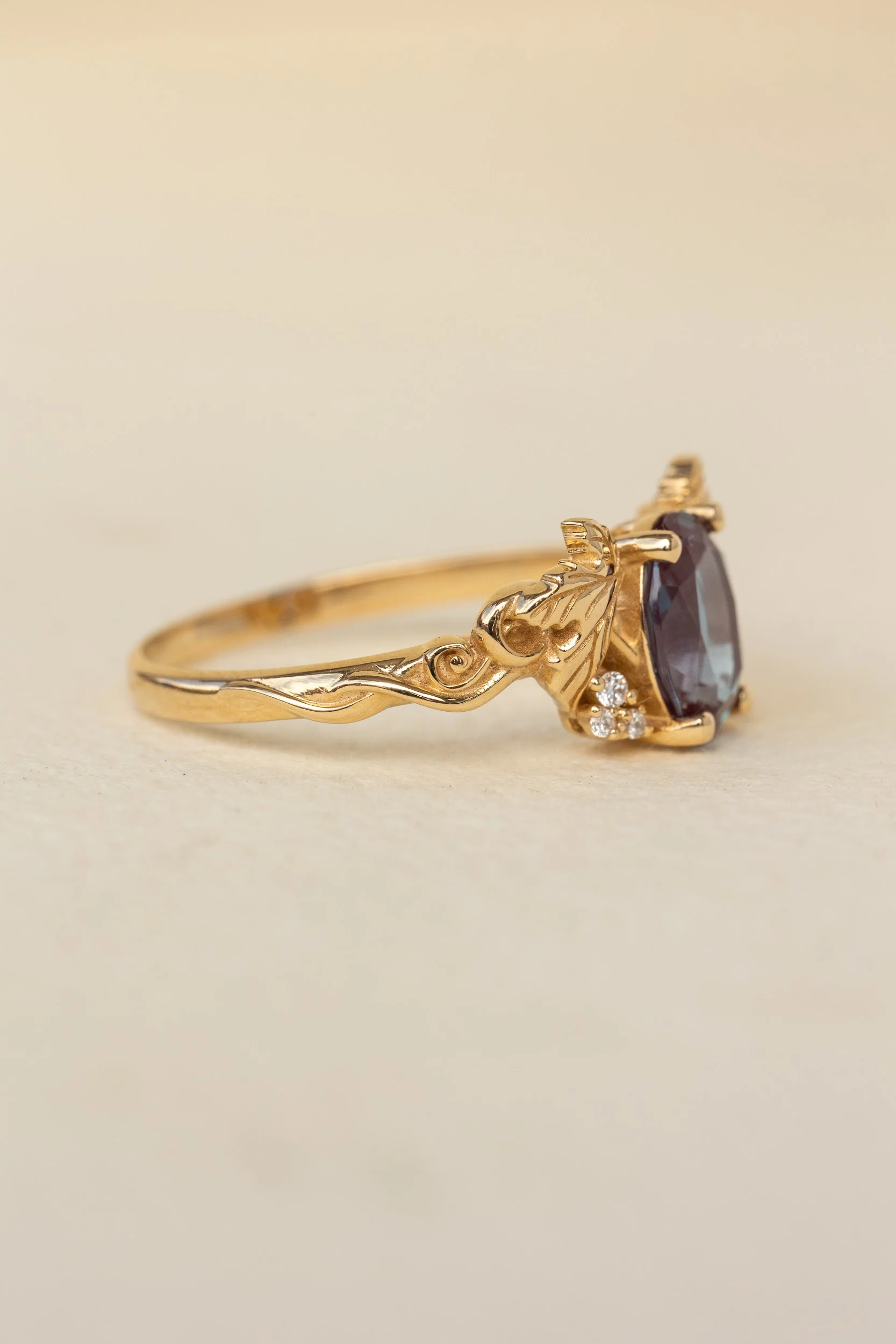 READY TO SHIP Vineyard in 14K yellow gold, oval cut lab alexandrite 8x6 mm, lab grown diamonds, AVAILABLE RING SIZES: 5.5 - 8.5 US - Image 3