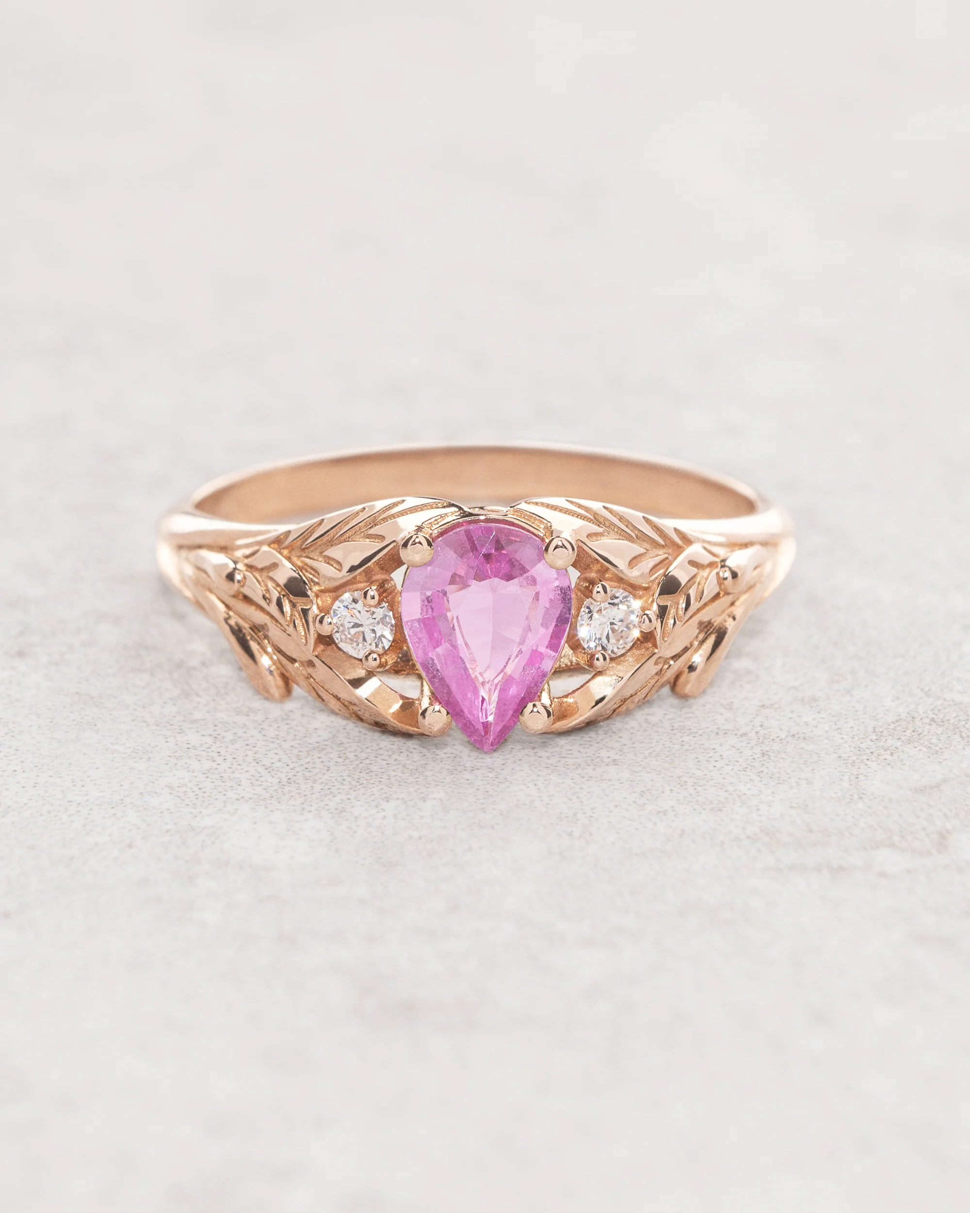 READY TO SHIP: Wisteria leaf ring with pink sapphire and diamonds, 14K rose gold, RING SIZES: 5.5 - 8.5 US