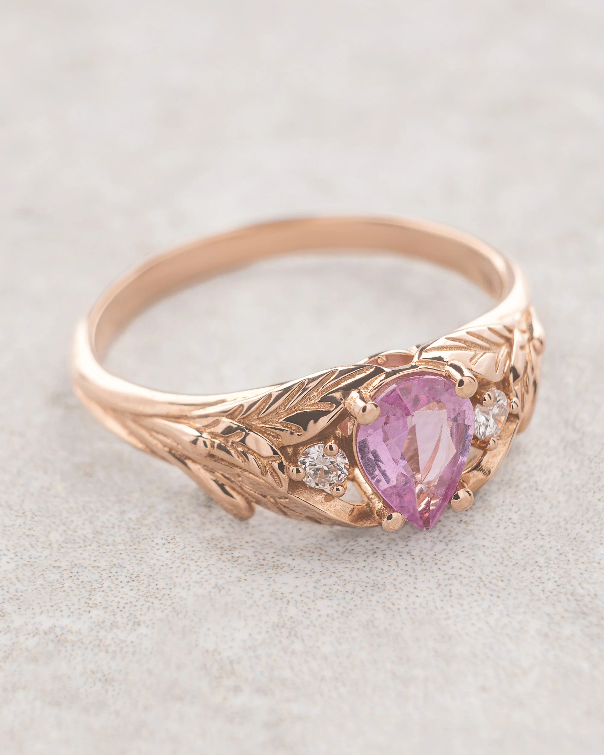 READY TO SHIP: Wisteria leaf ring with pink sapphire and diamonds, 14K rose gold, RING SIZES: 5.5 - 8.5 US - Image 2