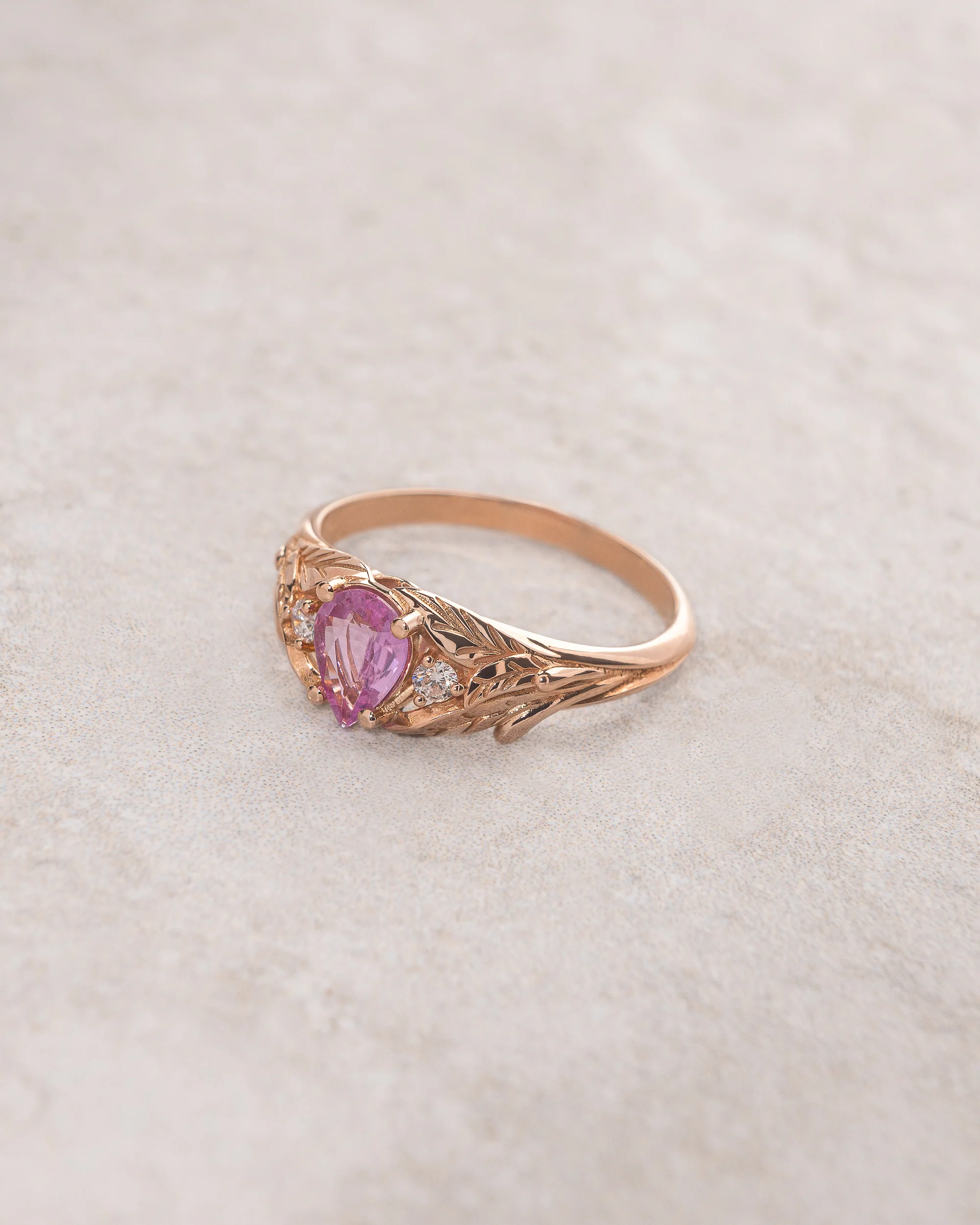 READY TO SHIP: Wisteria leaf ring with pink sapphire and diamonds, 14K rose gold, RING SIZES: 5.5 - 8.5 US - Image 3