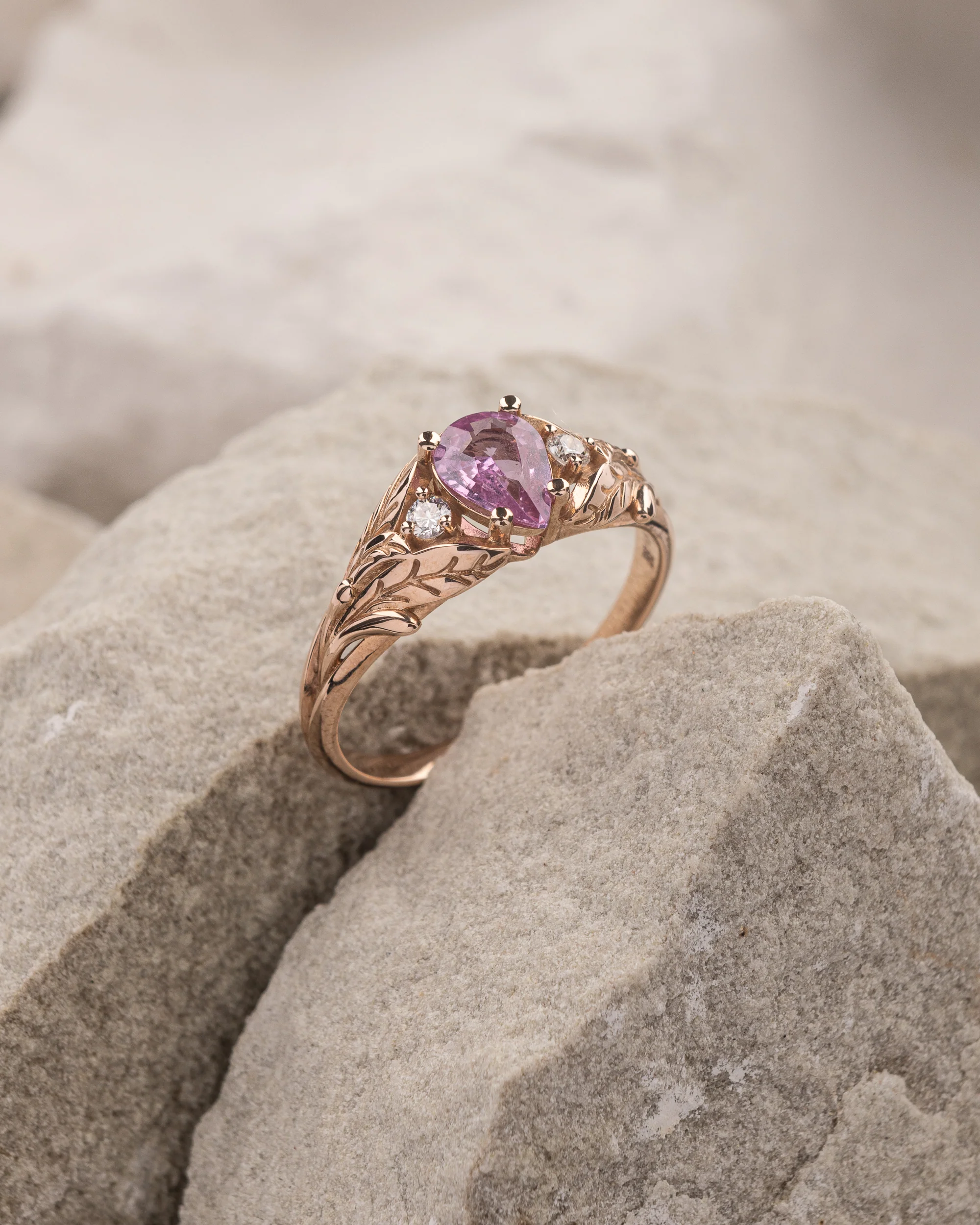 READY TO SHIP: Wisteria leaf ring with pink sapphire and diamonds, 14K rose gold, RING SIZES: 5.5 - 8.5 US - Image 4