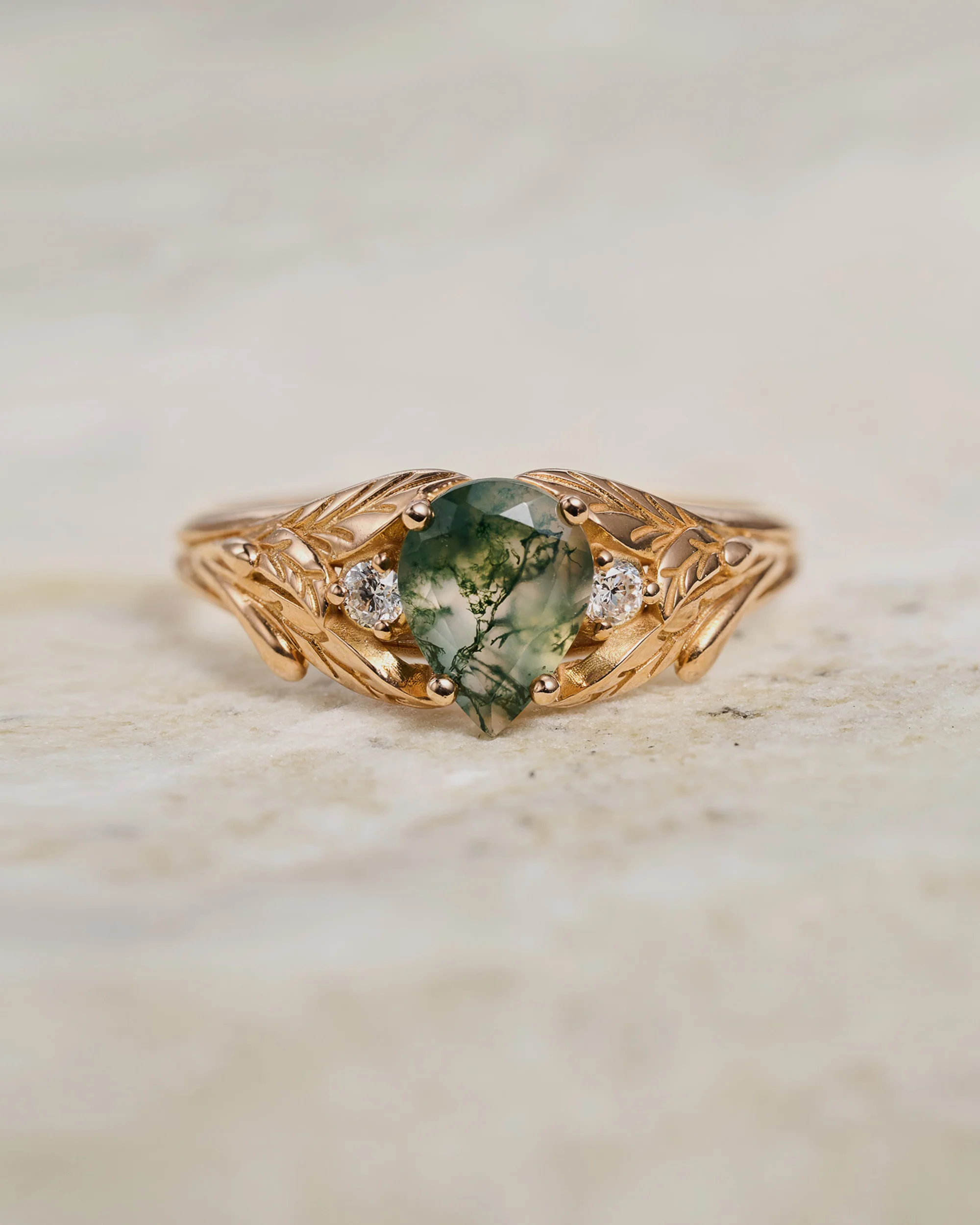 READY TO SHIP Wisteria ring in 14K or 18K rose gold, pear moss agate, accent lab grown diamonds, RING SIZE: 4.5 - 9.5 US
