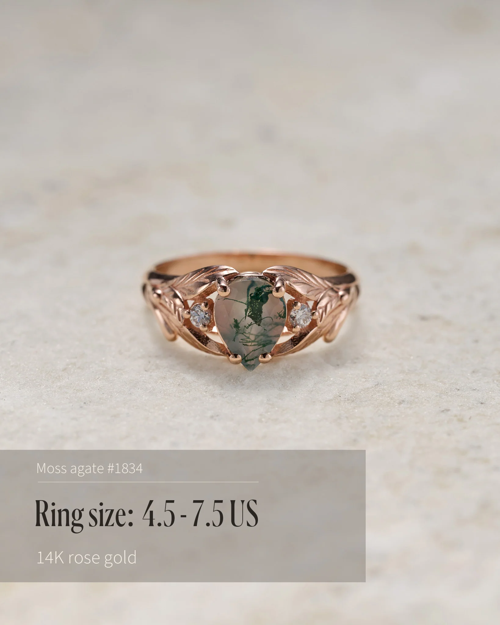 READY TO SHIP Wisteria ring in 14K or 18K rose gold, pear moss agate, accent lab grown diamonds, RING SIZE: 4.5 - 9.5 US - Image 2