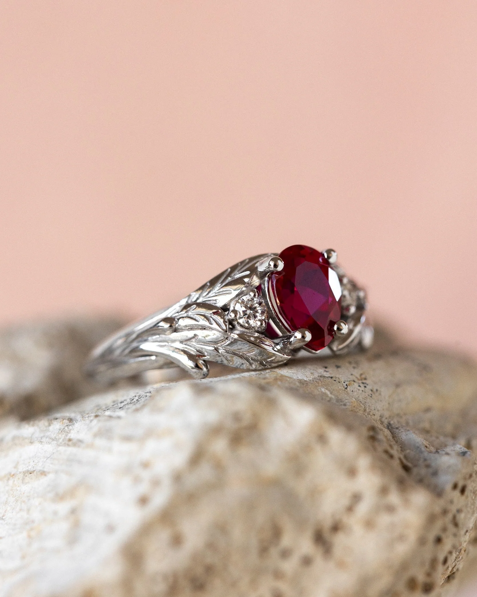 READY TO SHIP Wisteria ring in 14K white gold, lab ruby pear cut 7x5 mm, accent moissanites, AVAILABLE RING SIZES: 4 - 7 US - Image 3