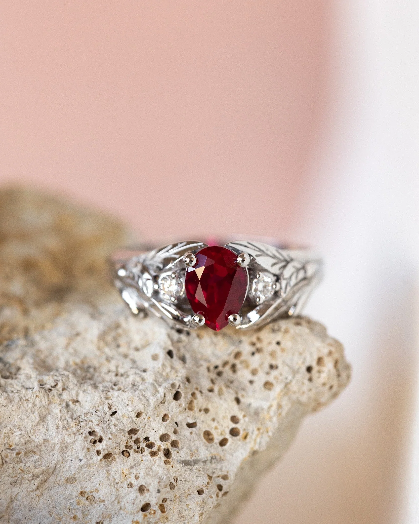 READY TO SHIP Wisteria ring in 14K white gold, lab ruby pear cut 7x5 mm, accent moissanites, AVAILABLE RING SIZES: 4 - 7 US - Image 4