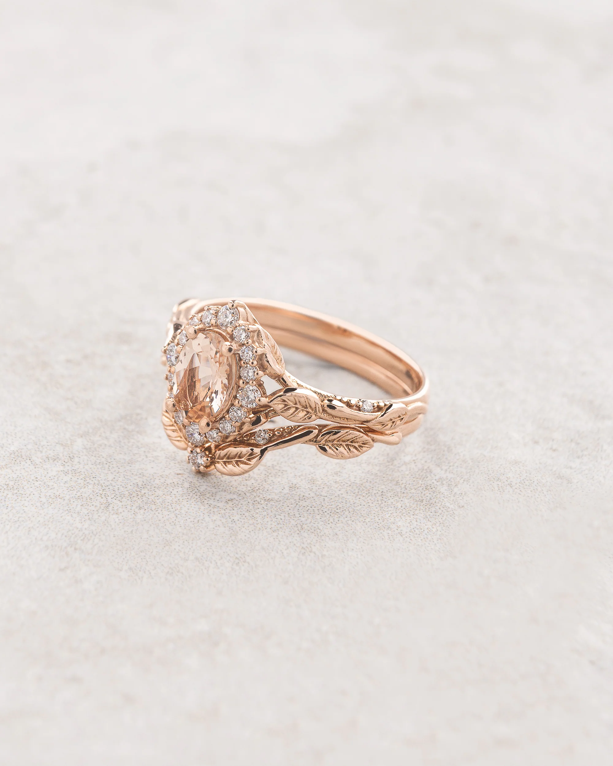 Romantic bridal ring set with natural pink morganite and leafy motifs / Florentina - Image 2