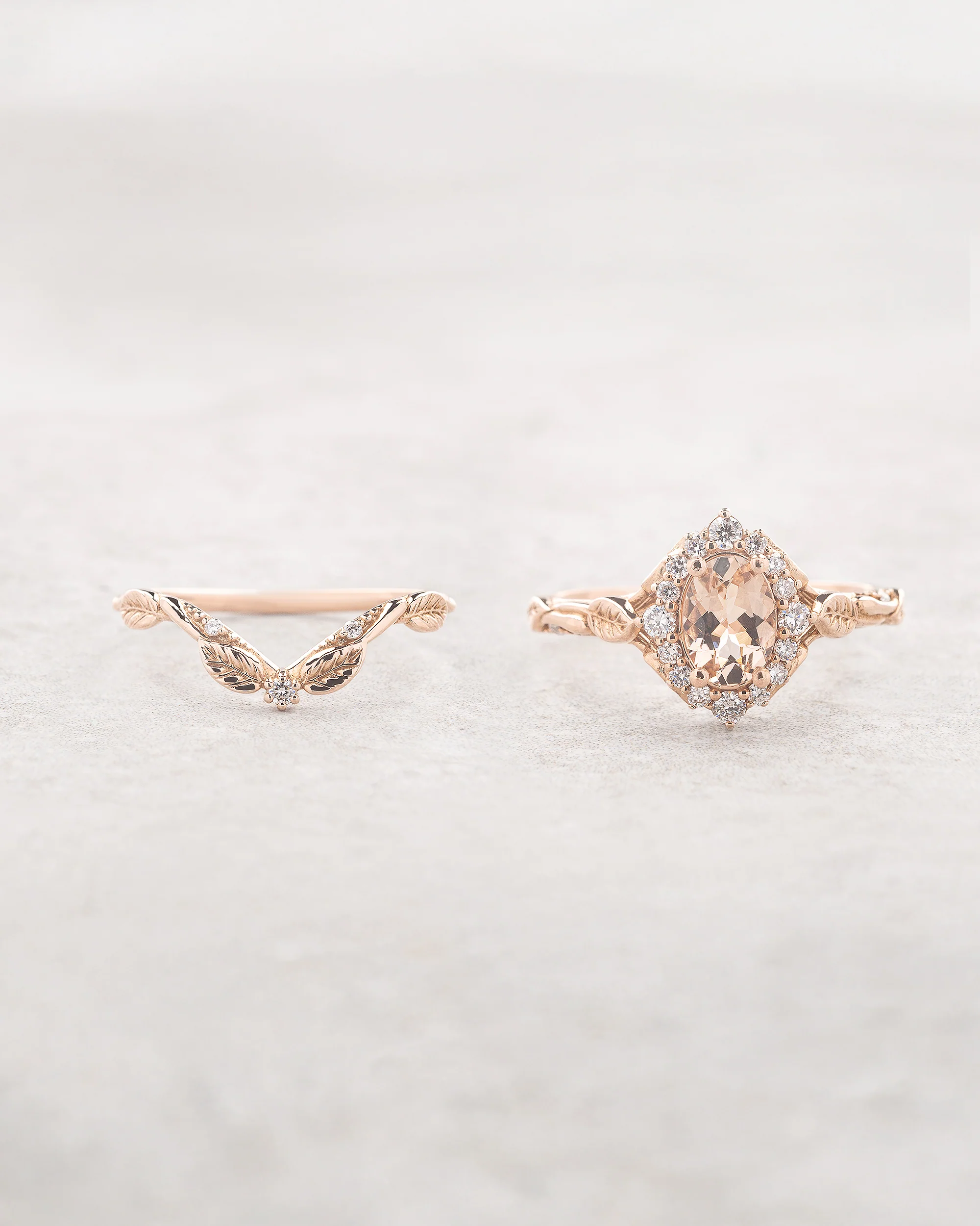 Romantic bridal ring set with natural pink morganite and leafy motifs / Florentina - Image 3