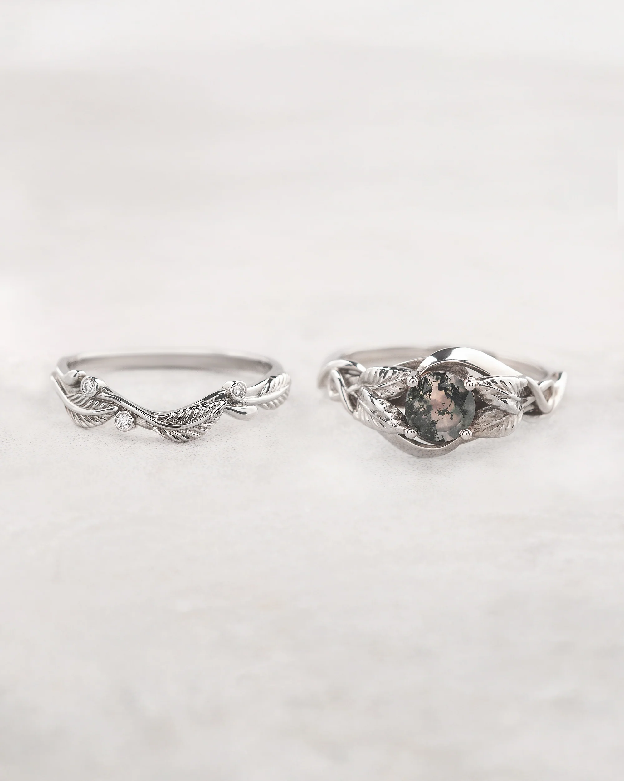 Round moss agate bridal set with golden leaves / Azalea - Image 2