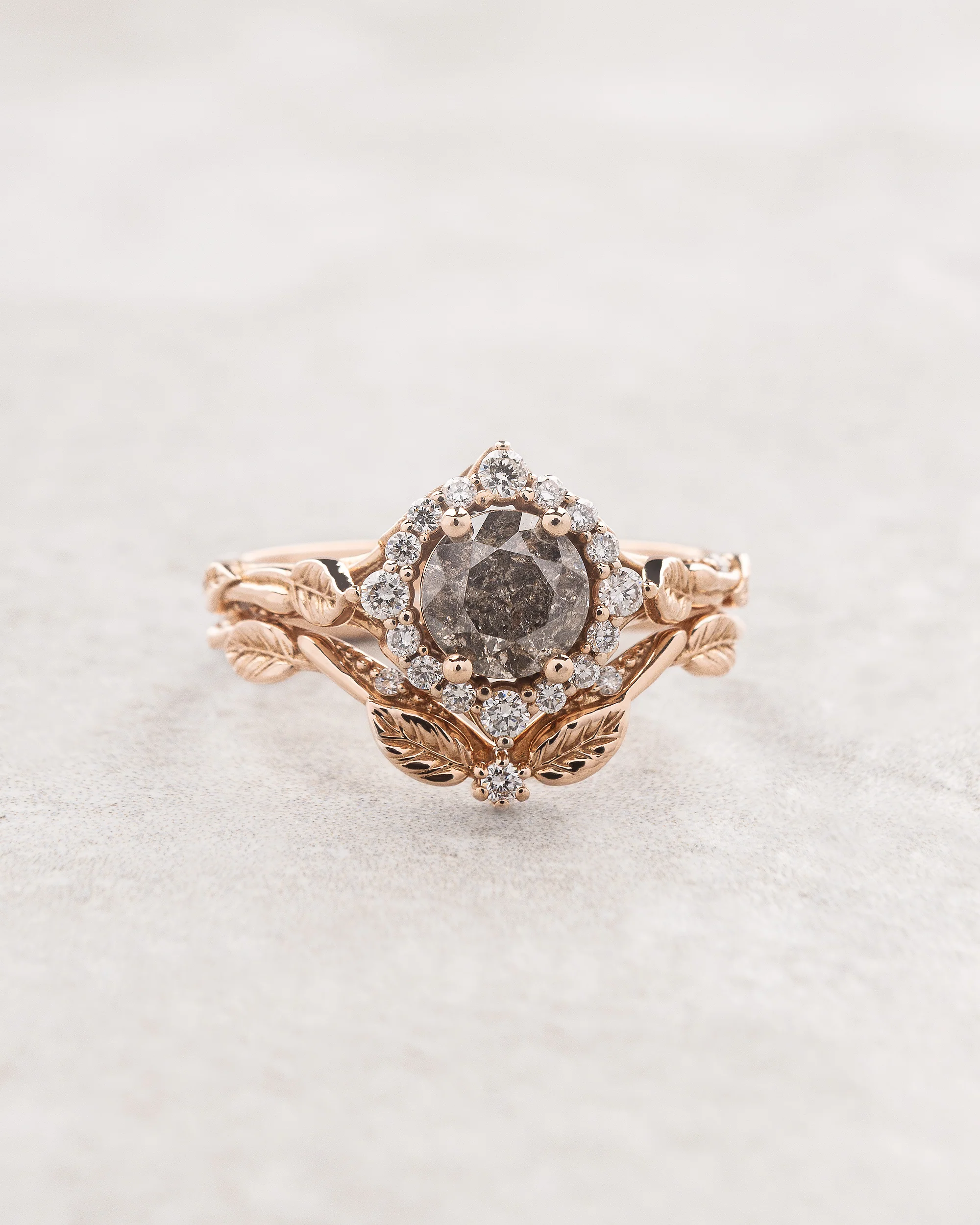Salt & pepper diamond halo bridal set in rose vine design / Florentina