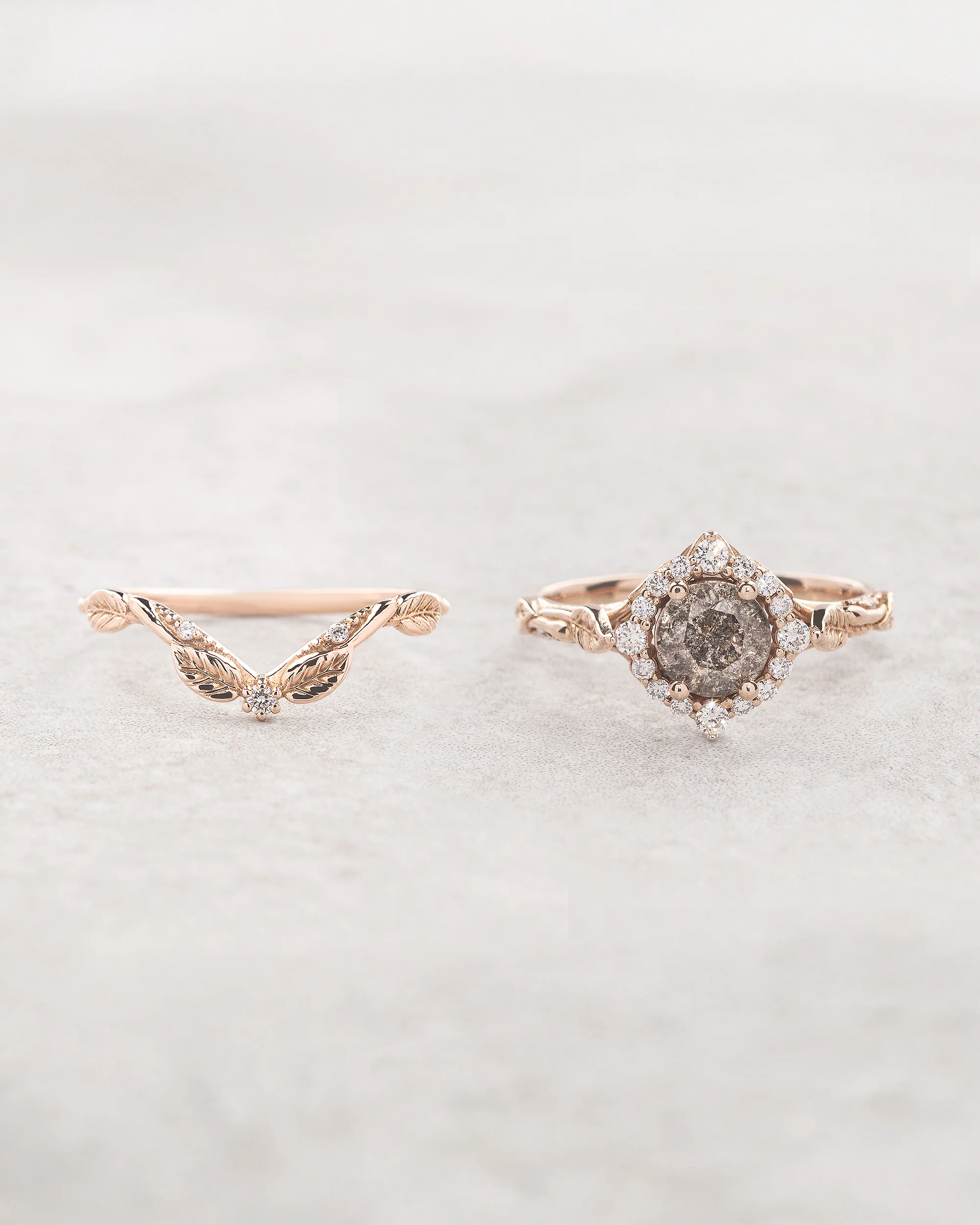 Salt & pepper diamond halo bridal set in rose vine design / Florentina - Image 2