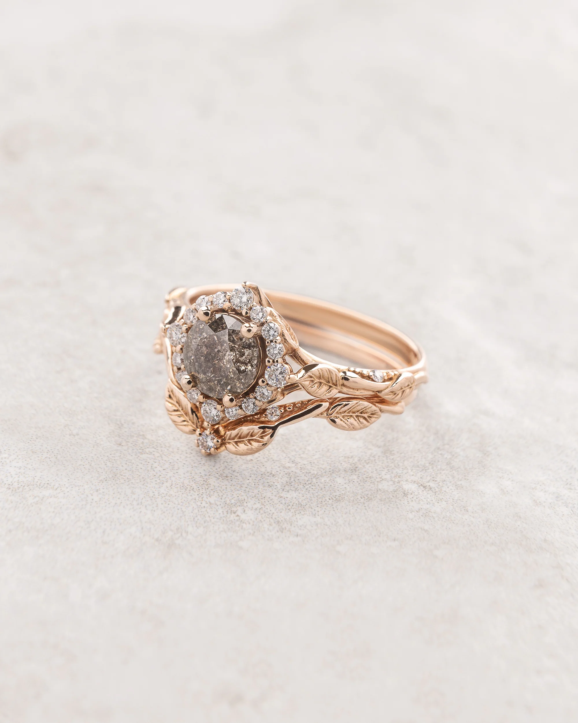 Salt & pepper diamond halo bridal set in rose vine design / Florentina - Image 3