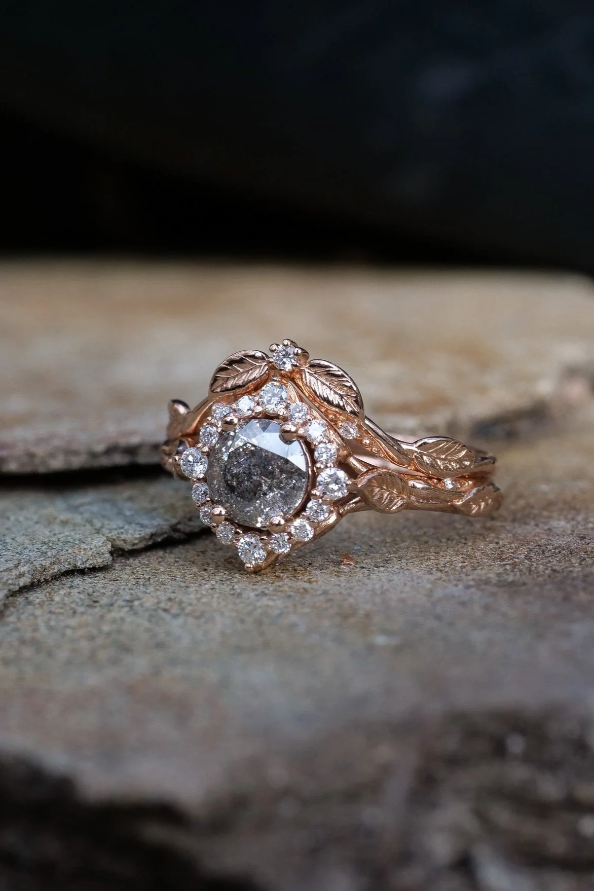 Salt & pepper diamond halo bridal set in rose vine design / Florentina - Image 4