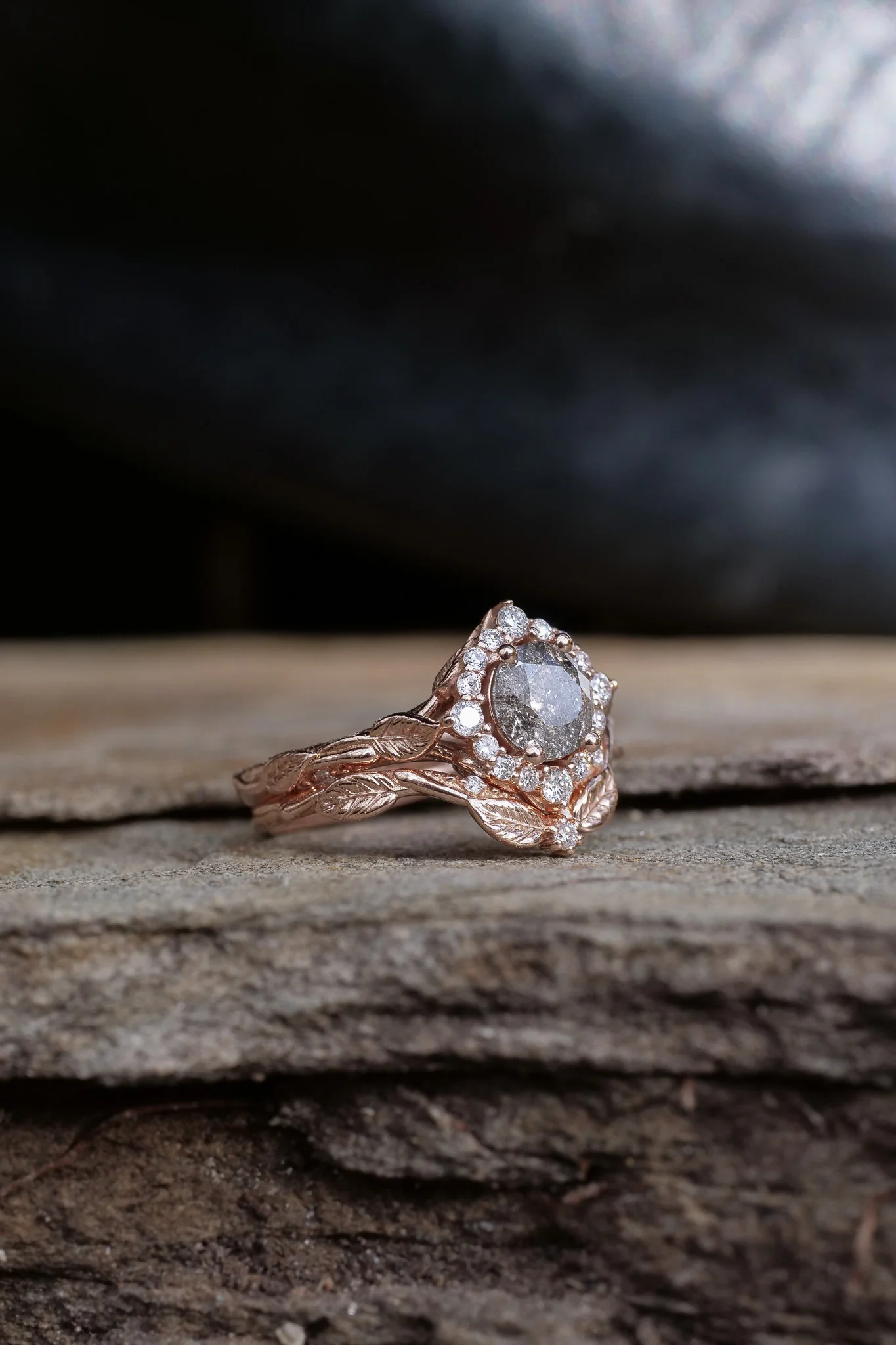Salt & pepper diamond halo bridal set in rose vine design / Florentina - Image 6