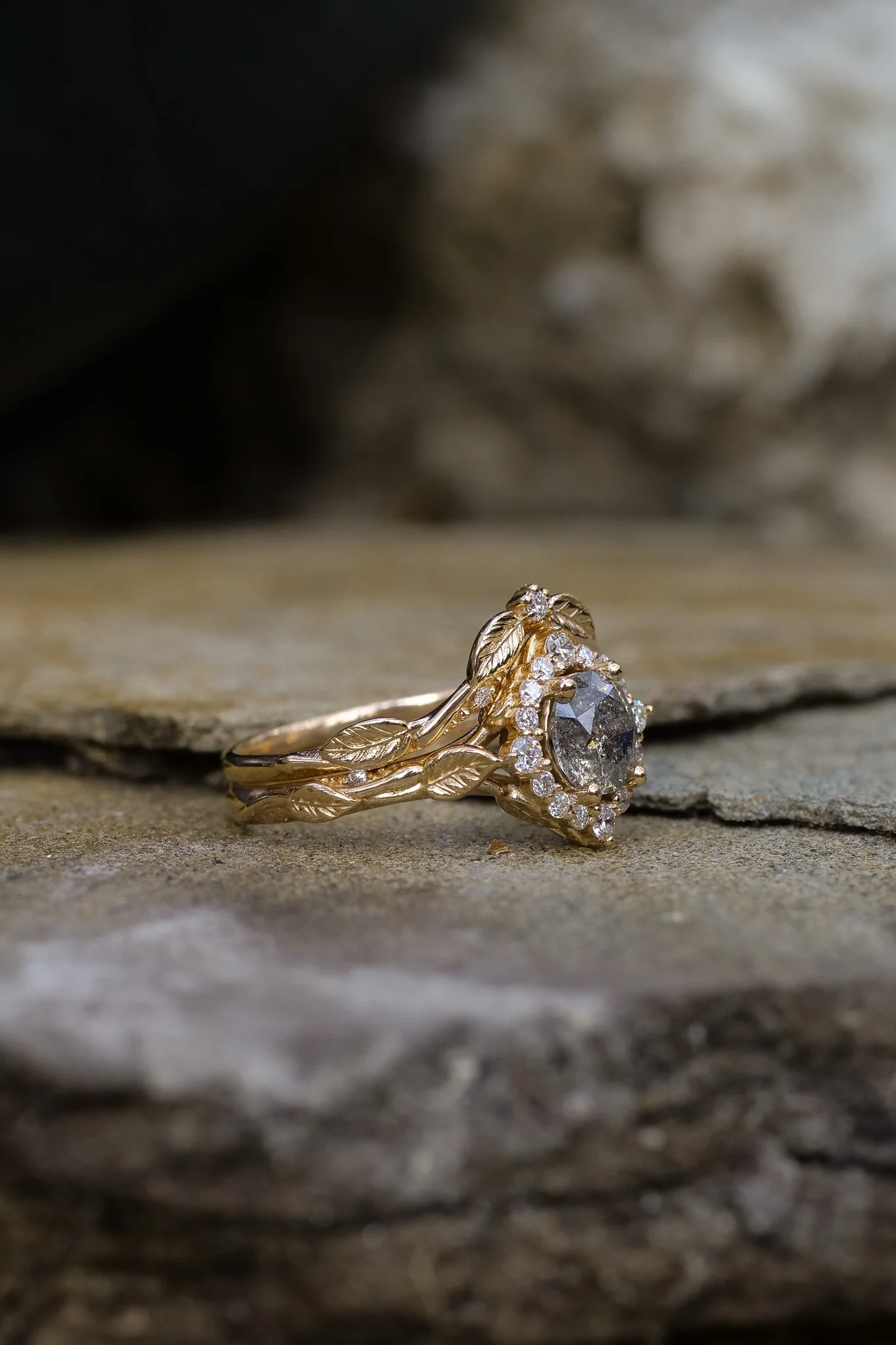 Salt & pepper diamond halo bridal set in rose vine design / Florentina - Image 7