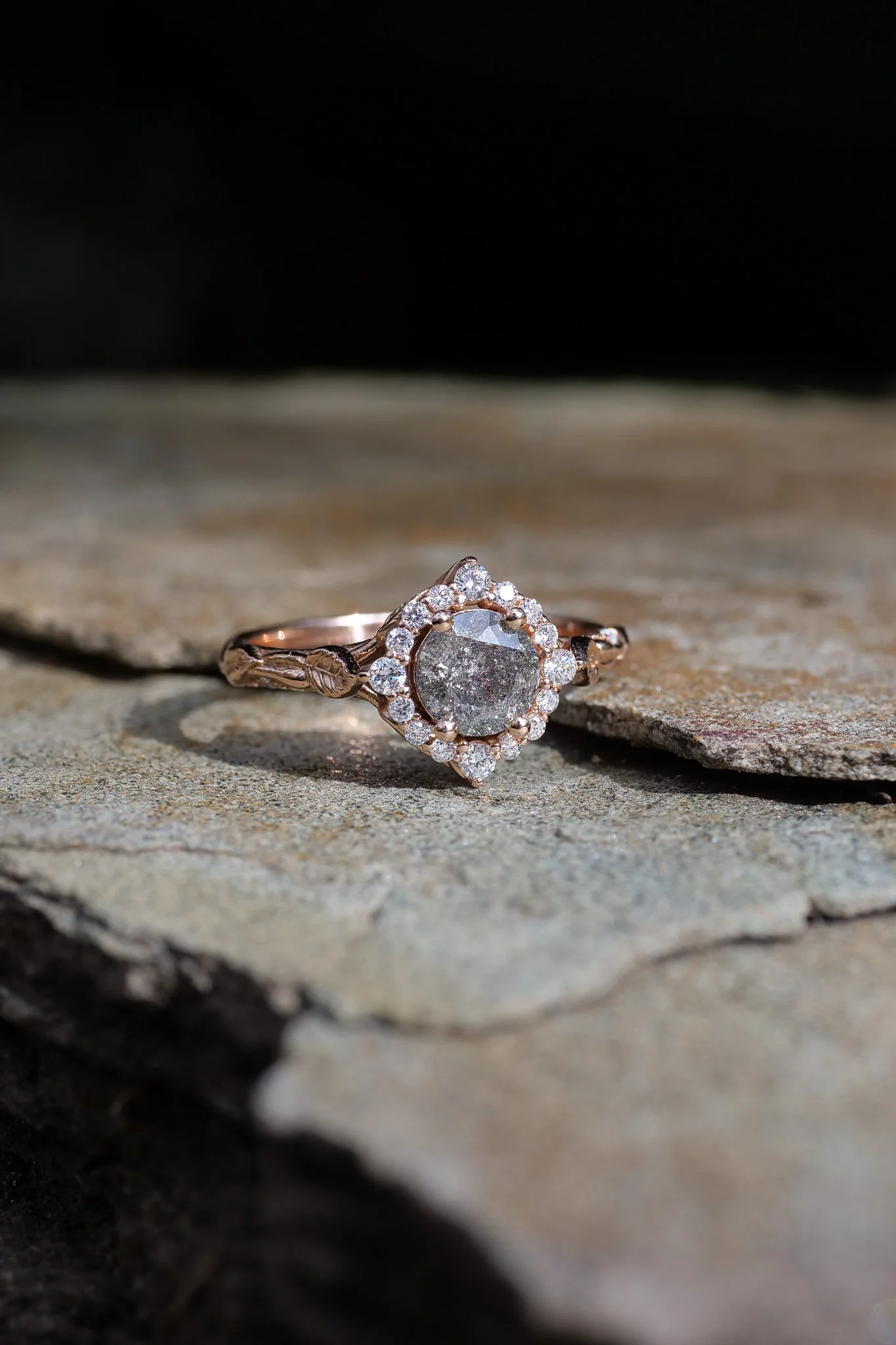 Salt & pepper diamond halo bridal set in rose vine design / Florentina - Image 8