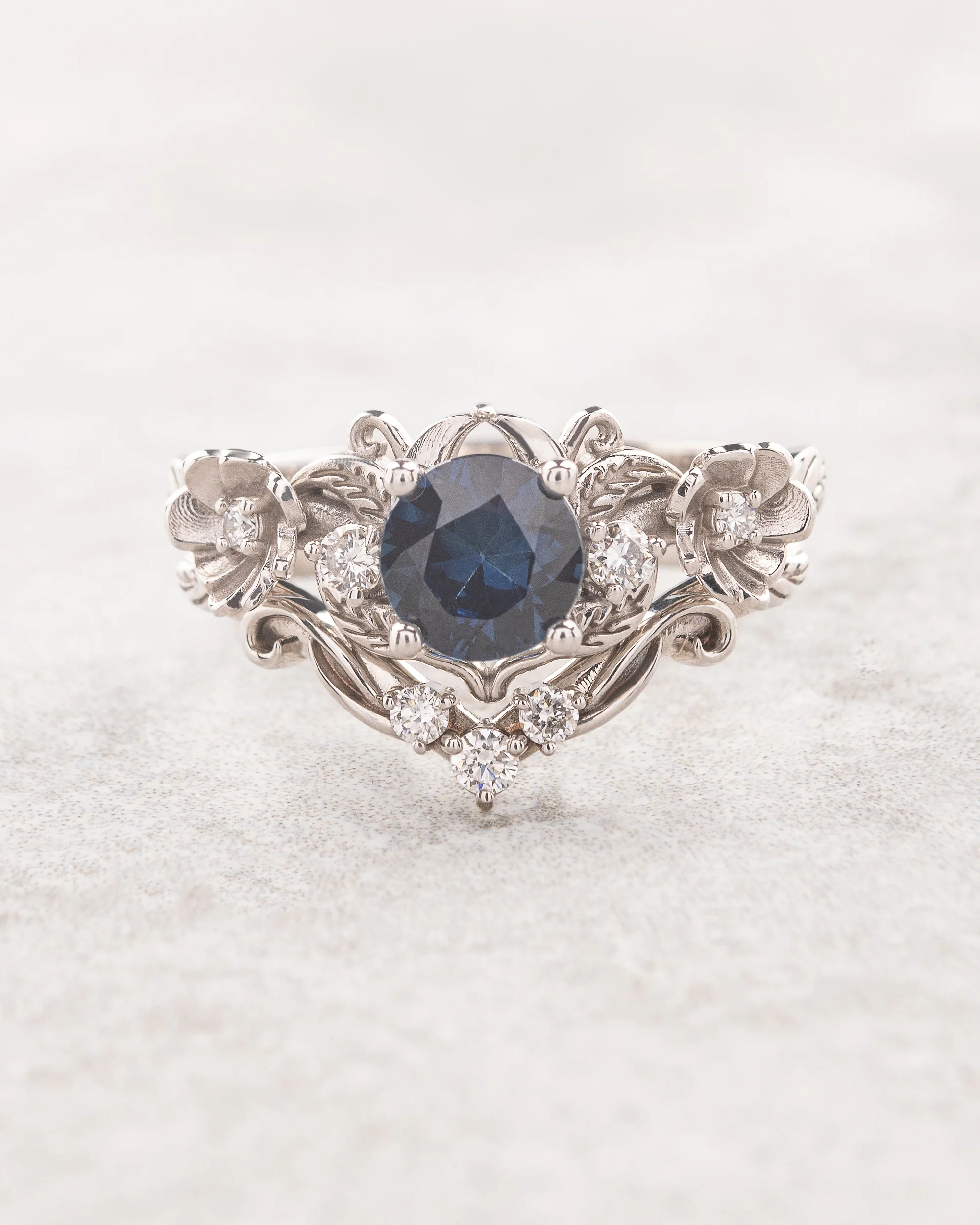 Deep blue sapphire bridal set, floral ring with diamonds / Adelina