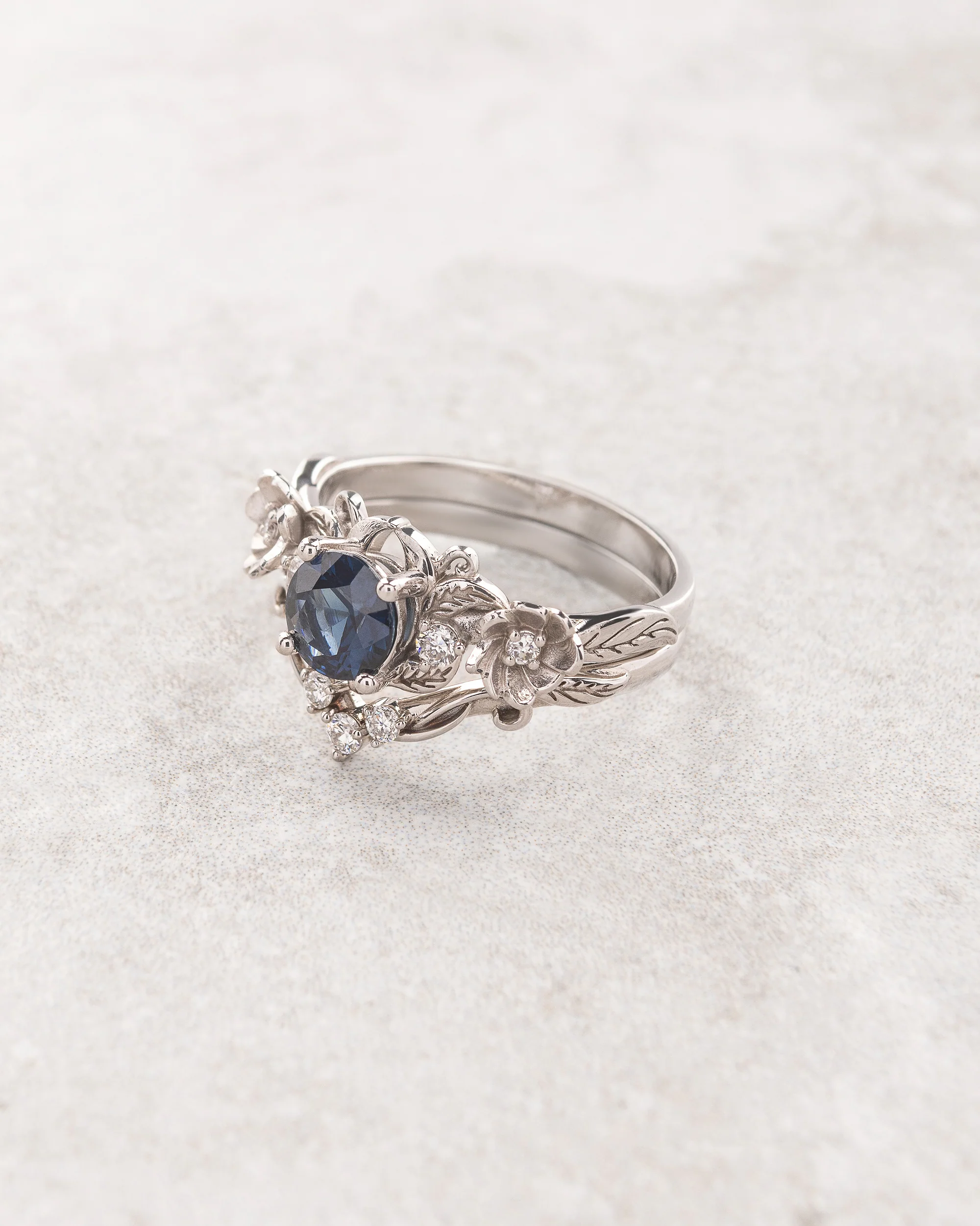Deep blue sapphire bridal set, floral ring with diamonds / Adelina - Image 2