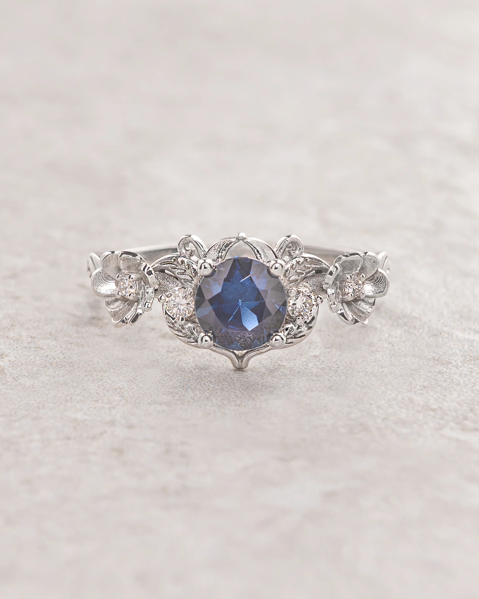 Deep blue sapphire bridal set, floral ring with diamonds / Adelina - Image 3