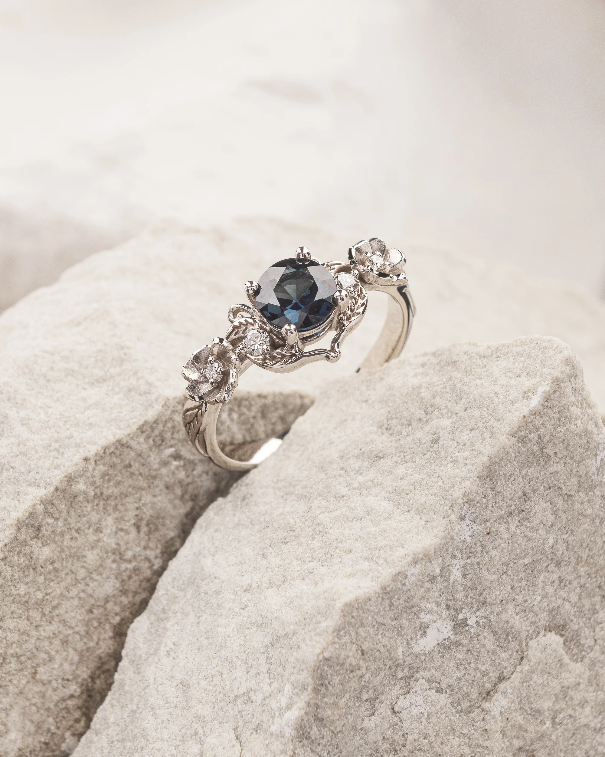Deep blue sapphire bridal set, floral ring with diamonds / Adelina - Image 4