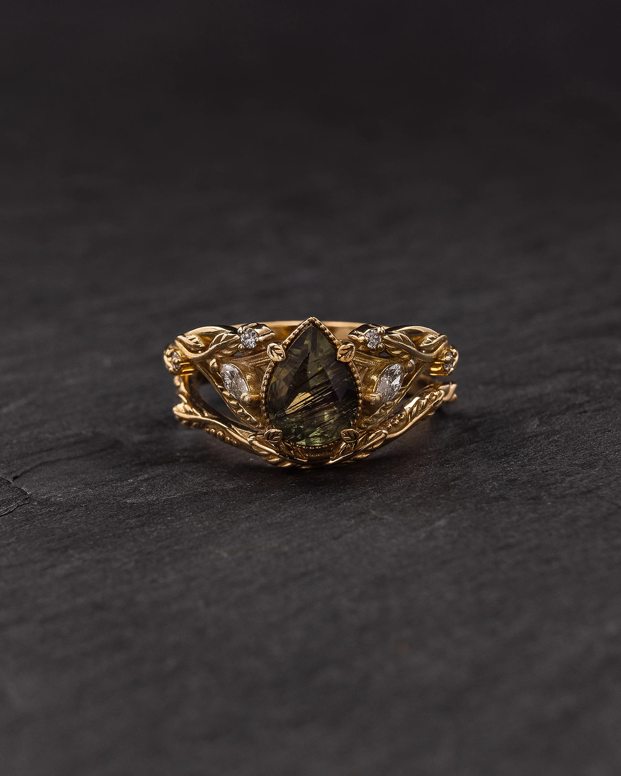 Rutile peridot bridal ring set, gold branch stacking rings / Patricia