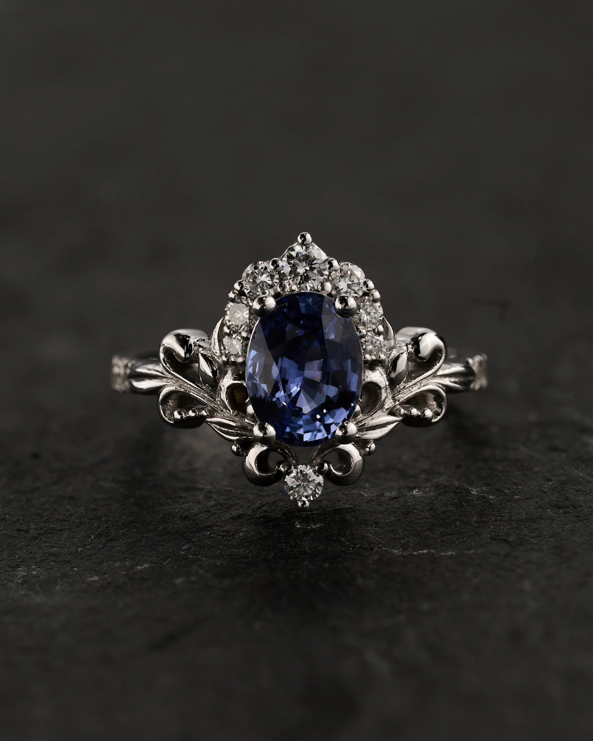 Natural blue sapphire bridal set, baroque inspired gold engagement ring set with diamonds / Sophie - Image 4