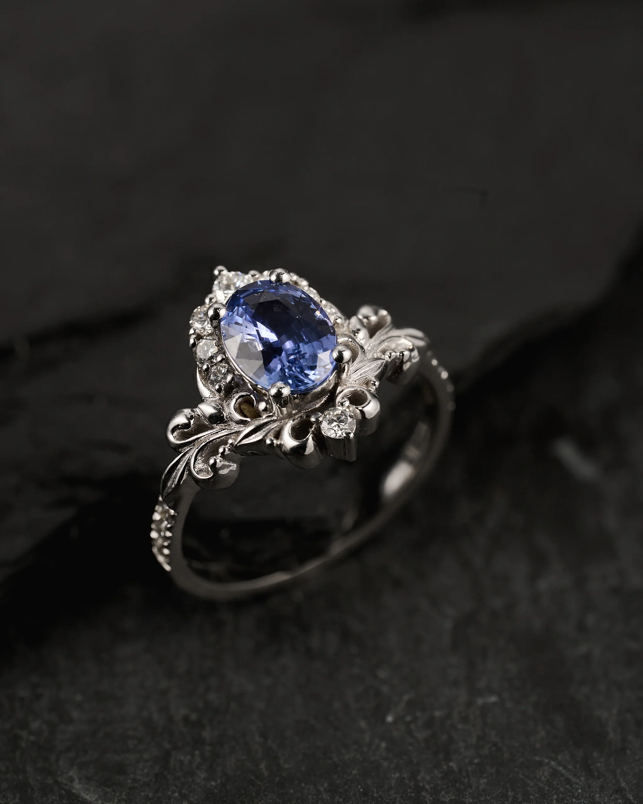 Natural blue sapphire bridal set, baroque inspired gold engagement ring set with diamonds / Sophie - Image 6