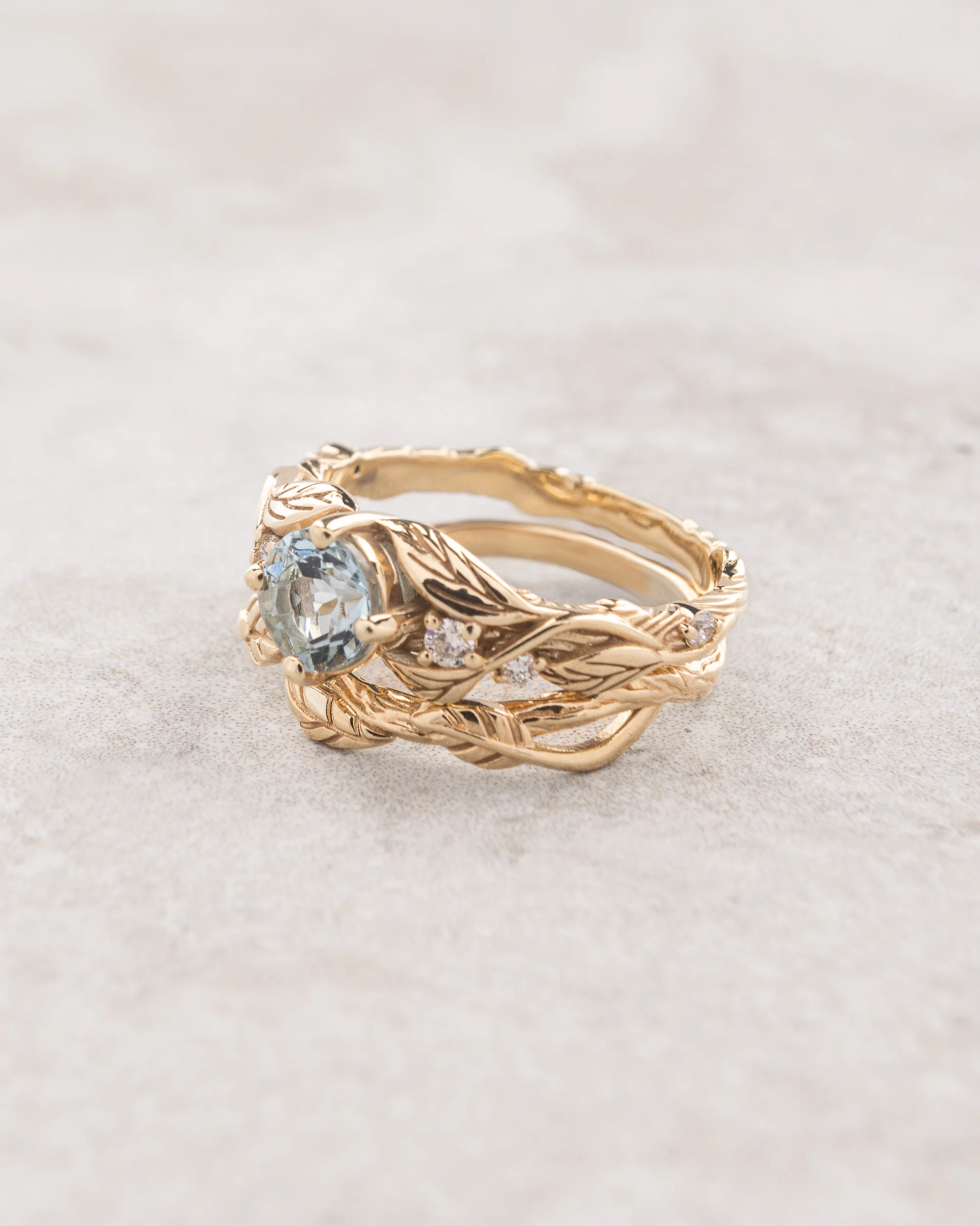 Sky blue aquamarine bridal ring set, gold branch engagement ring with diamonds / Clematis - Image 3