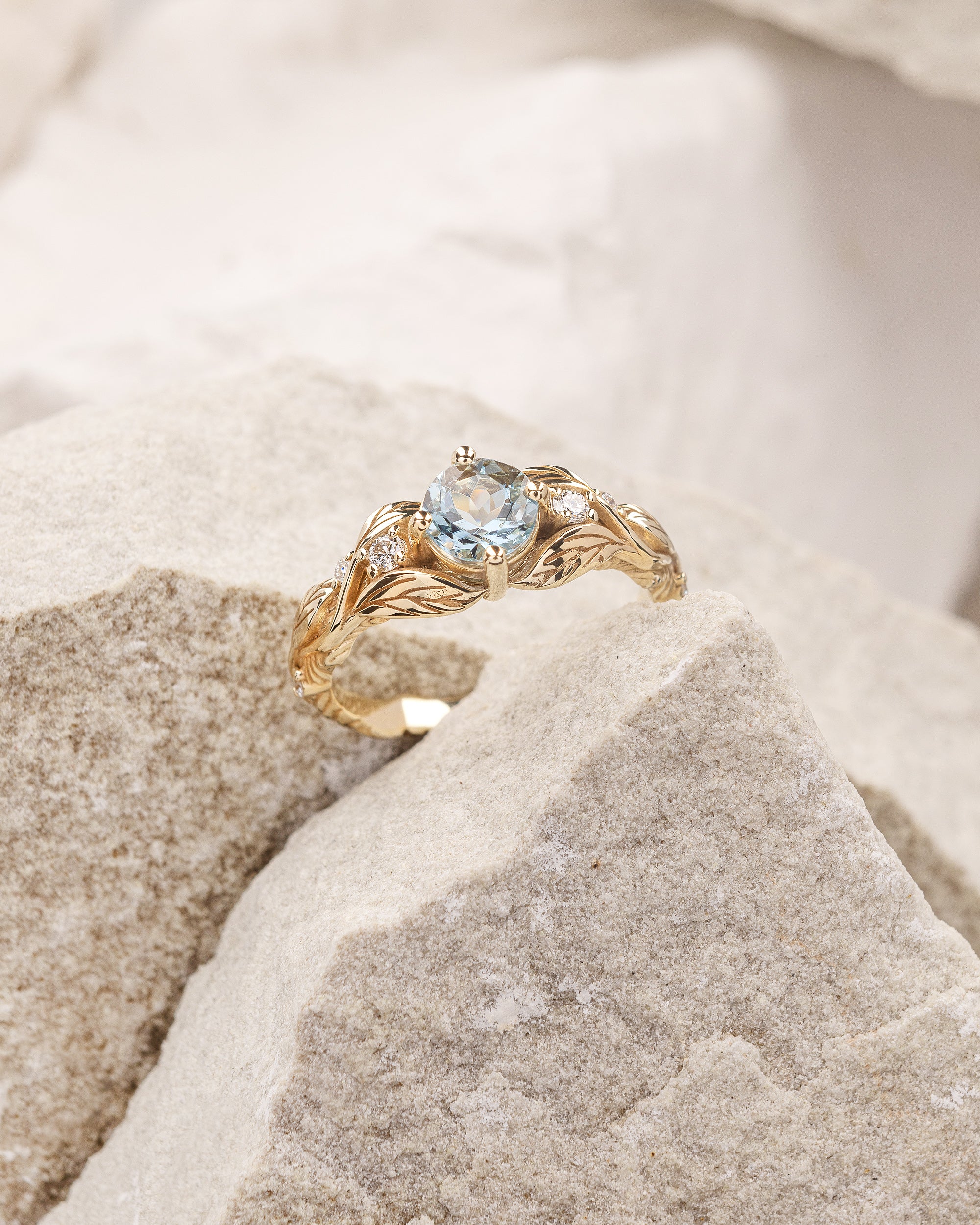 Sky blue aquamarine bridal ring set, gold branch engagement ring with diamonds / Clematis - Image 4