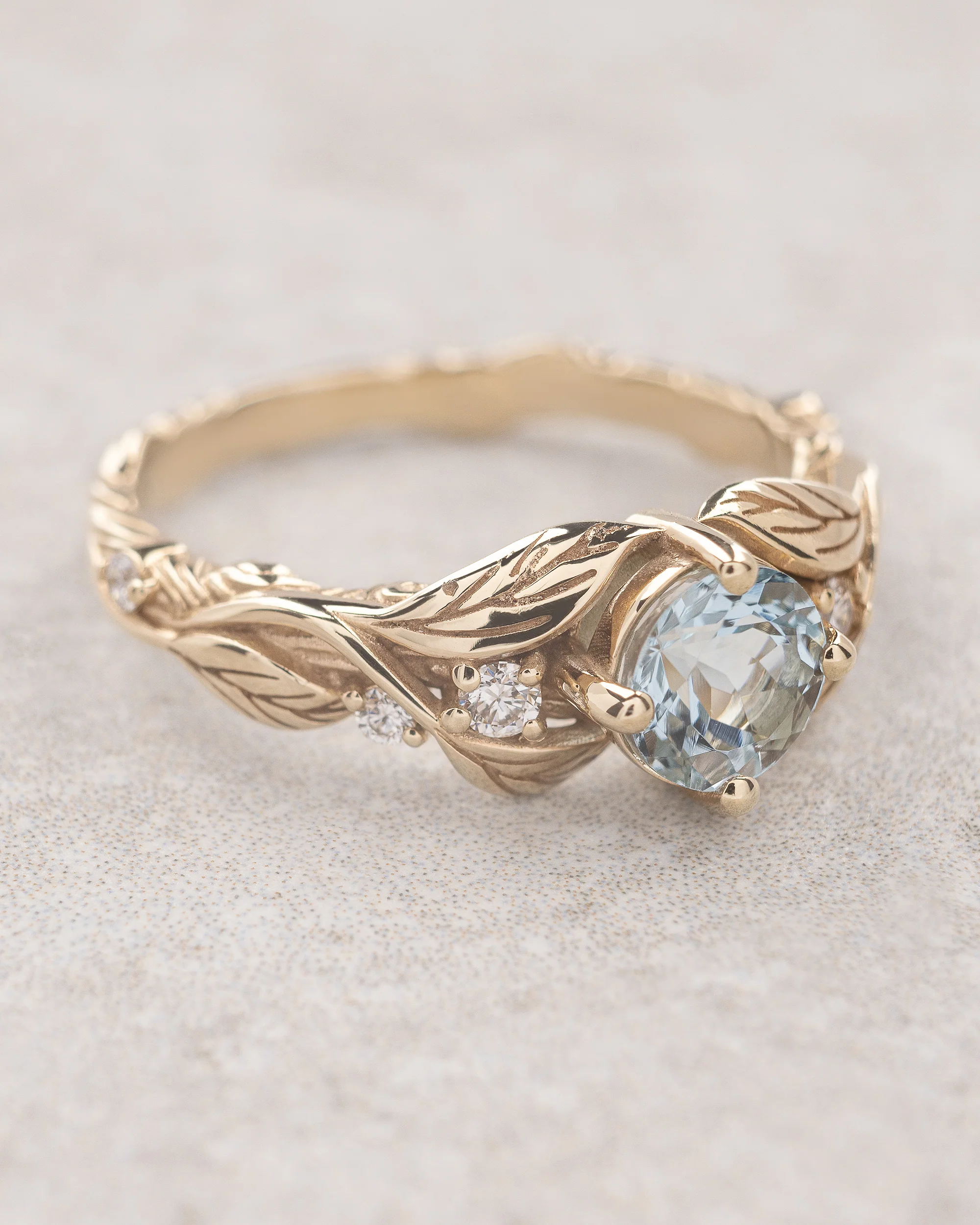 Sky blue aquamarine bridal ring set, gold branch engagement ring with diamonds / Clematis - Image 7